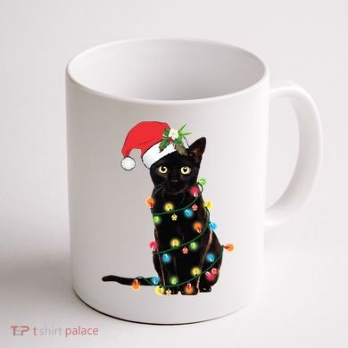 Christmas Lights Black Cat Santa Coffee Mug back