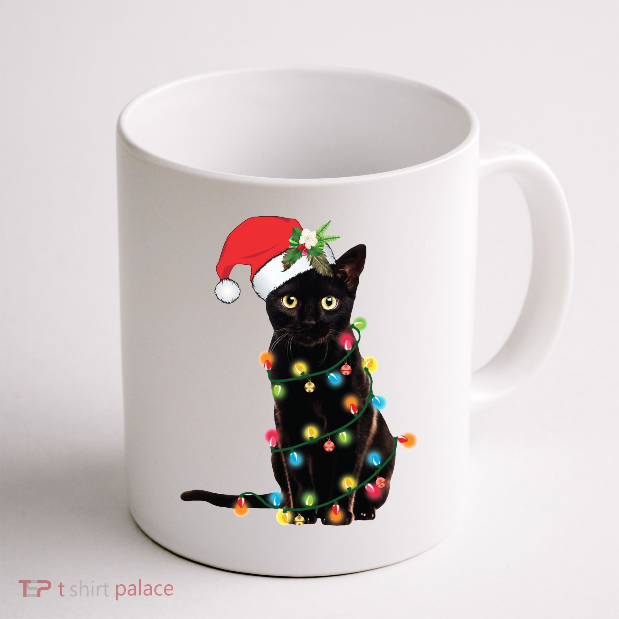 Christmas Lights Black Cat Santa Coffee Mug