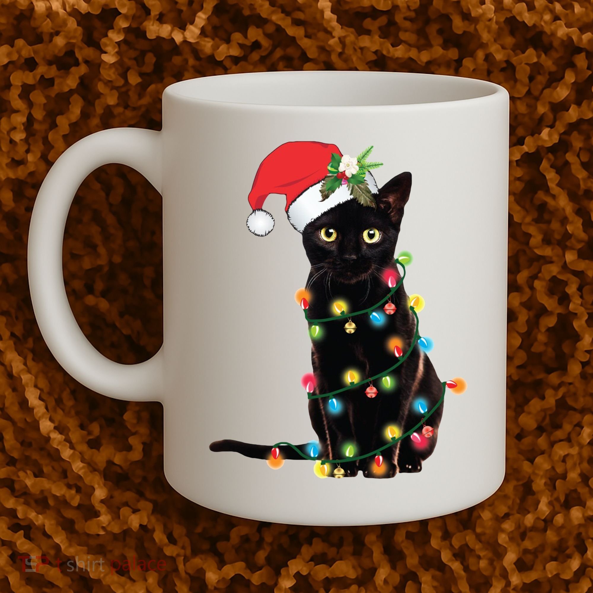 Christmas Lights Black Cat Santa Coffee Mug