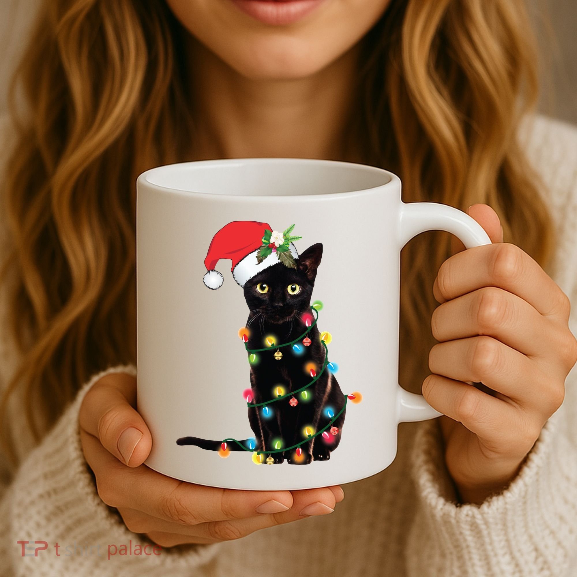 Christmas Lights Black Cat Santa Coffee Mug