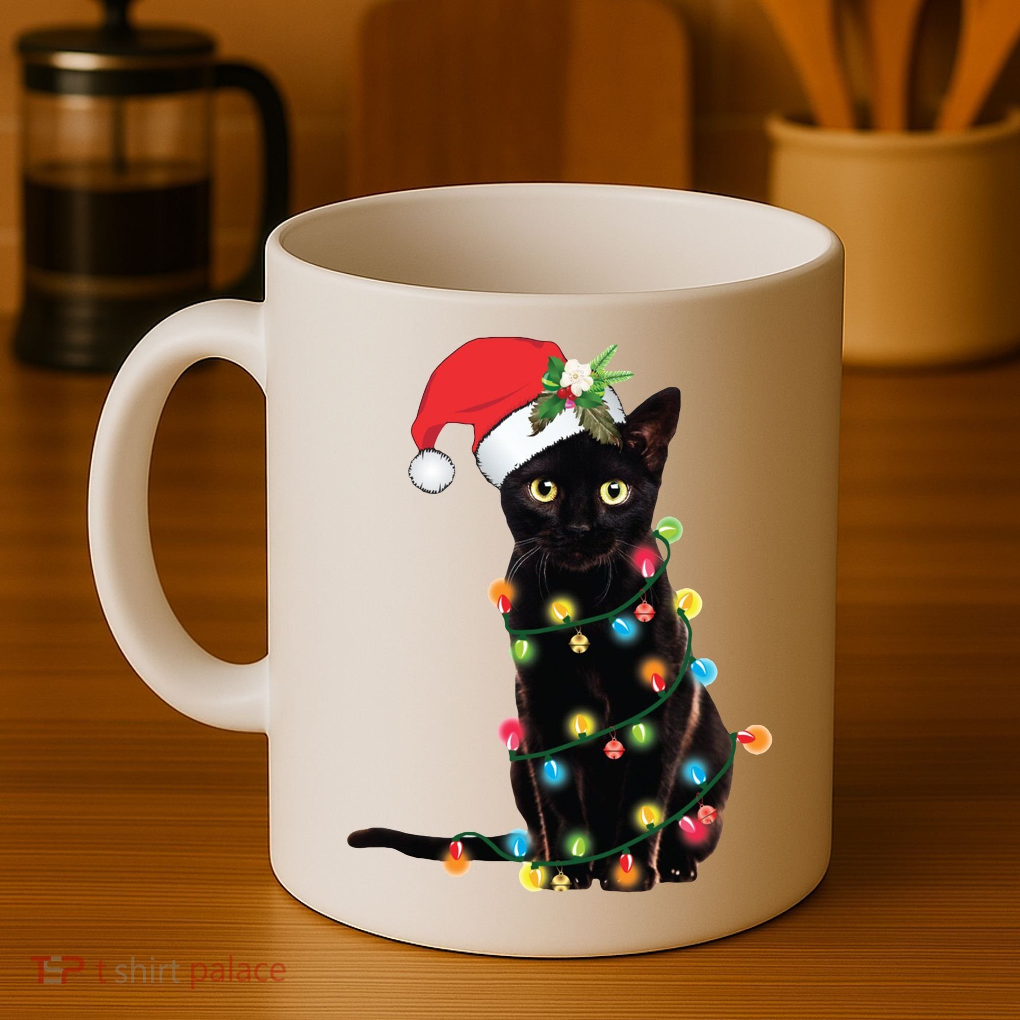 Christmas Lights Black Cat Santa Coffee Mug