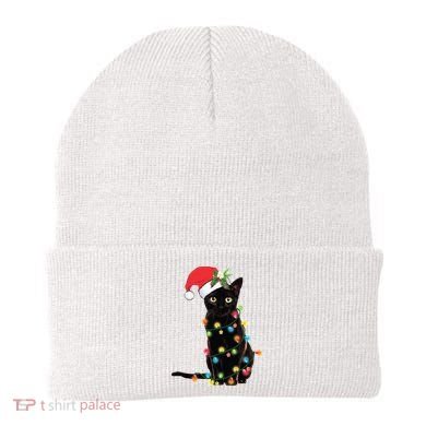 Christmas Lights Black Cat Santa Beanie