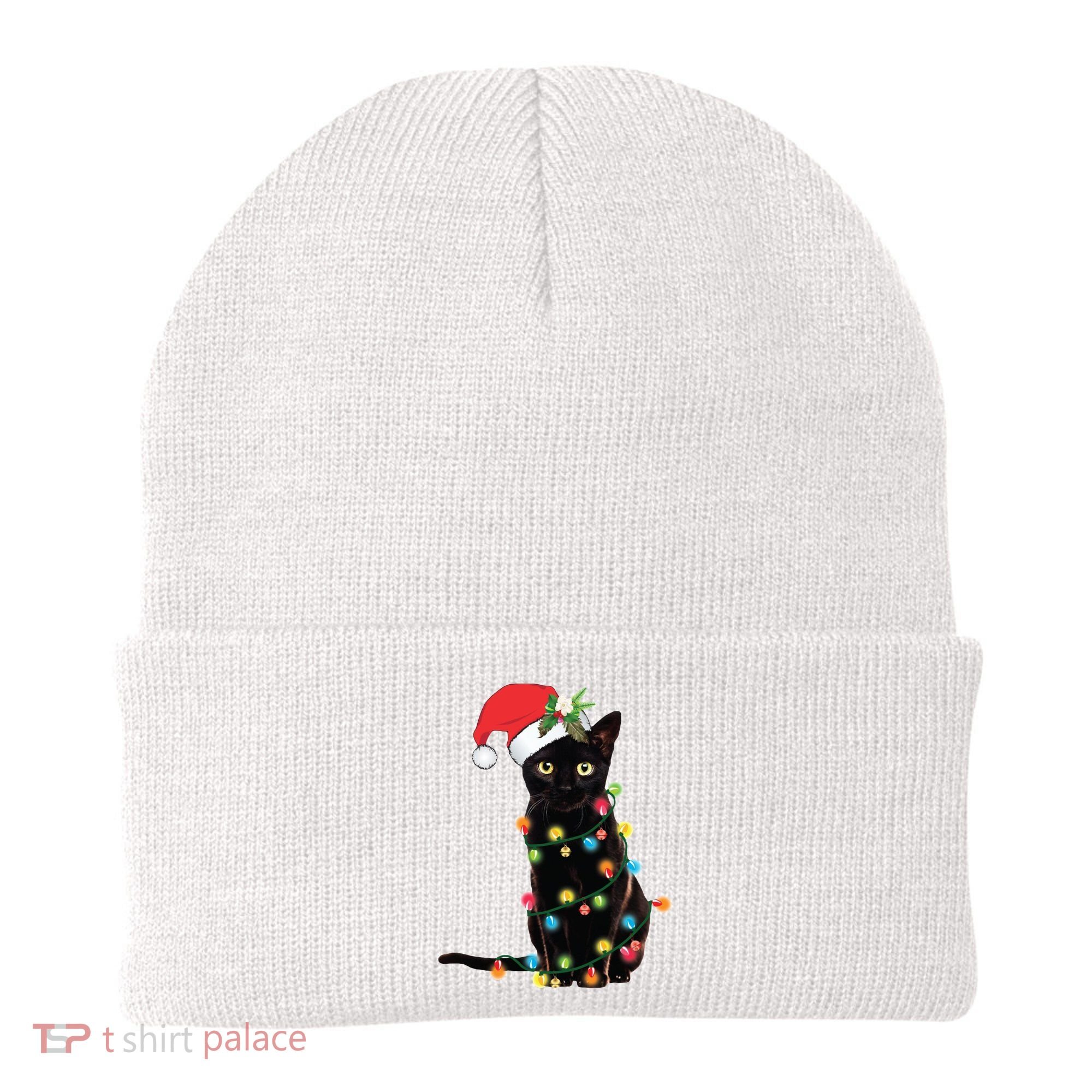 Christmas Lights Black Cat Santa Beanie