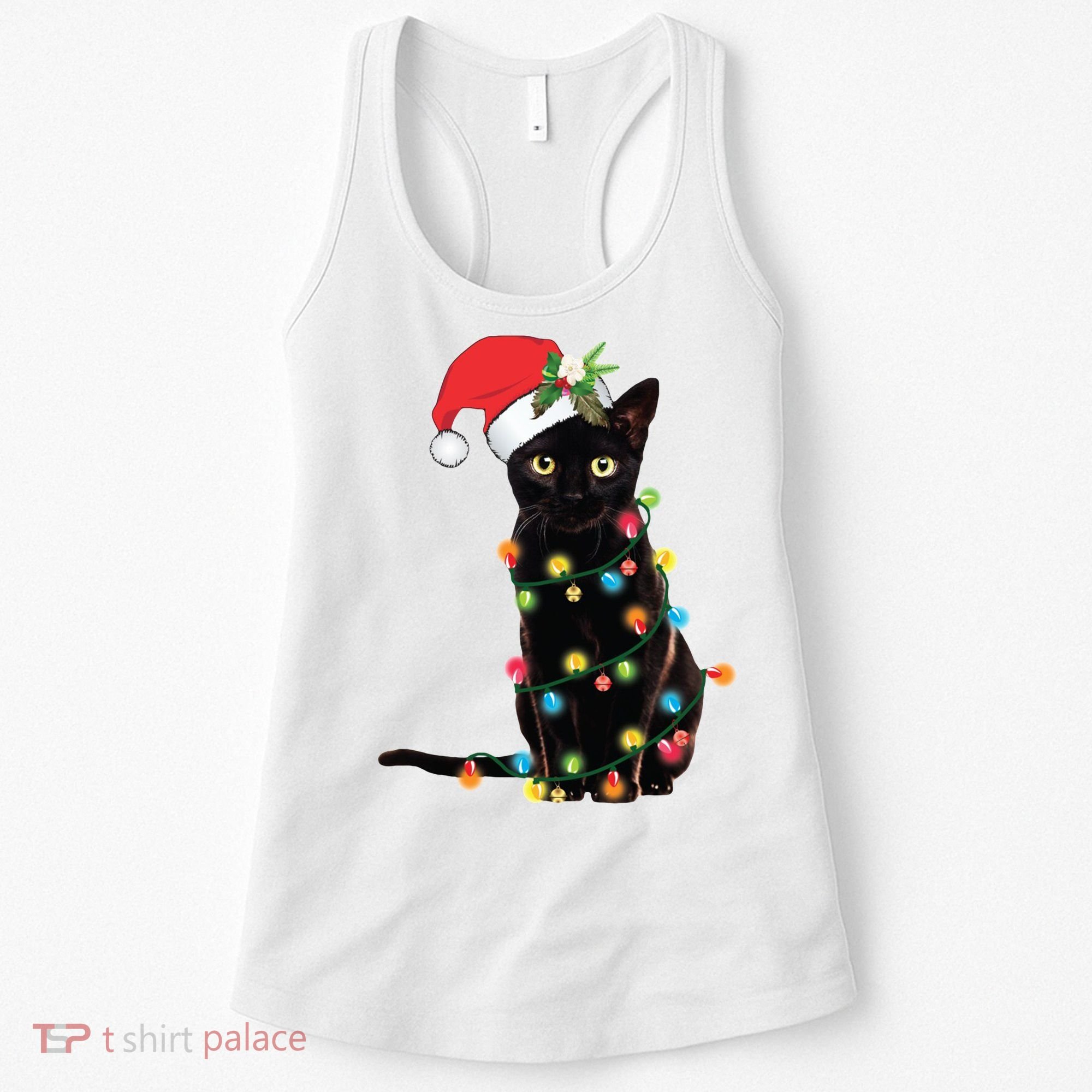 Christmas Lights Black Cat Santa Women's Tank Top