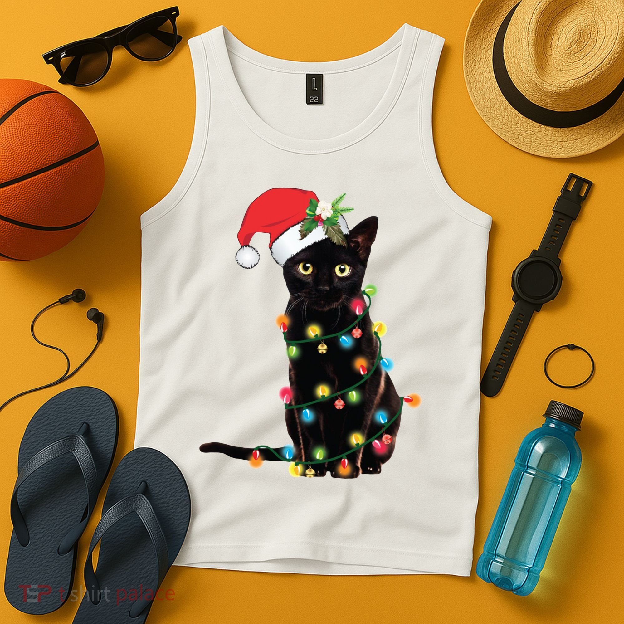 Christmas Lights Black Cat Santa Tank Top