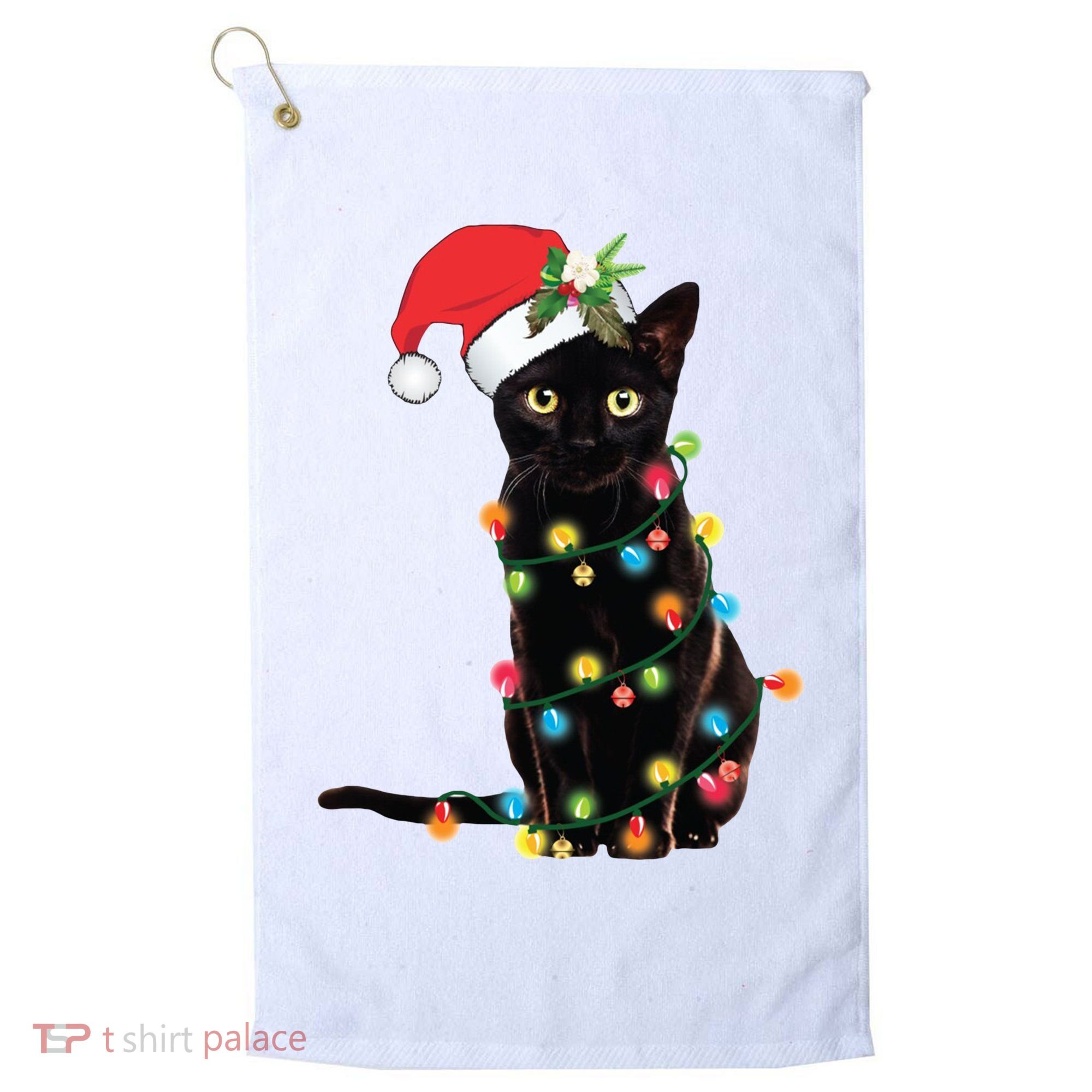 Christmas Lights Black Cat Santa Golf Towel