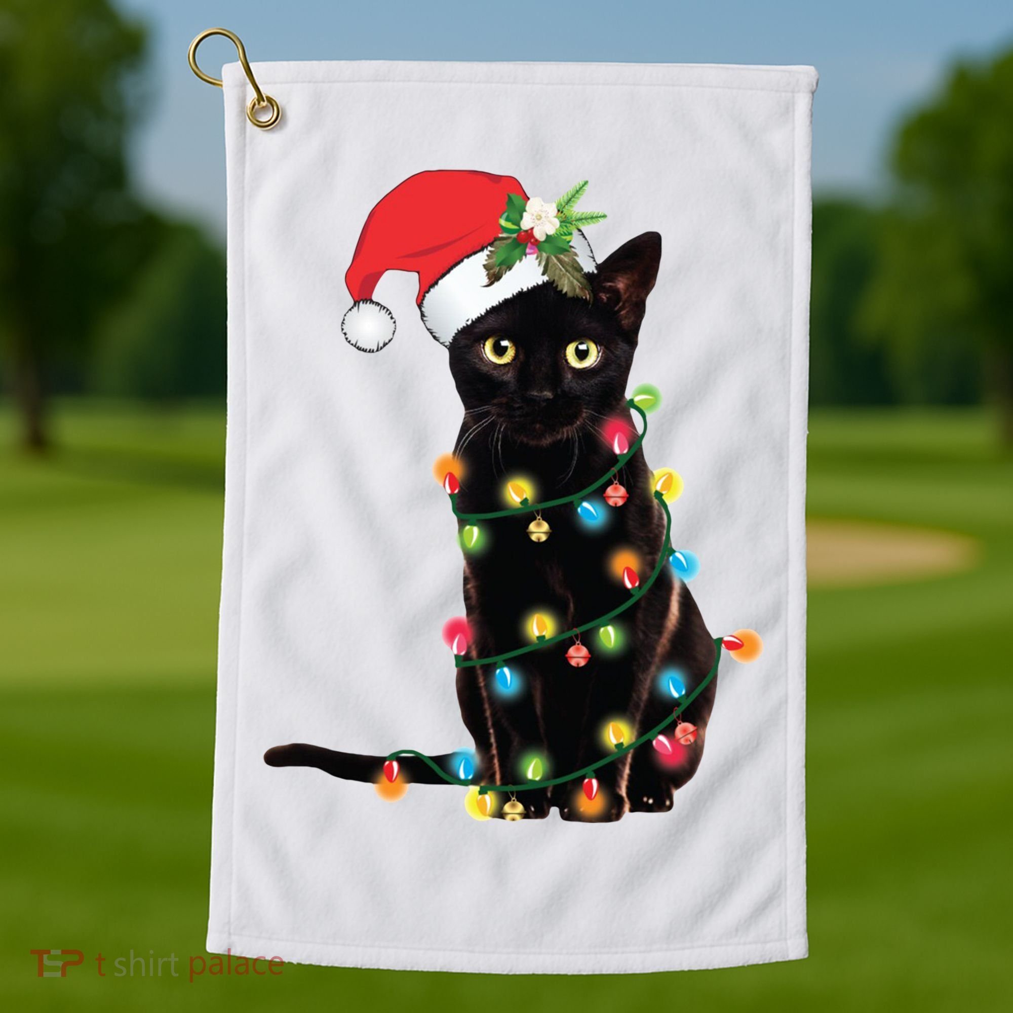 Christmas Lights Black Cat Santa Golf Towel