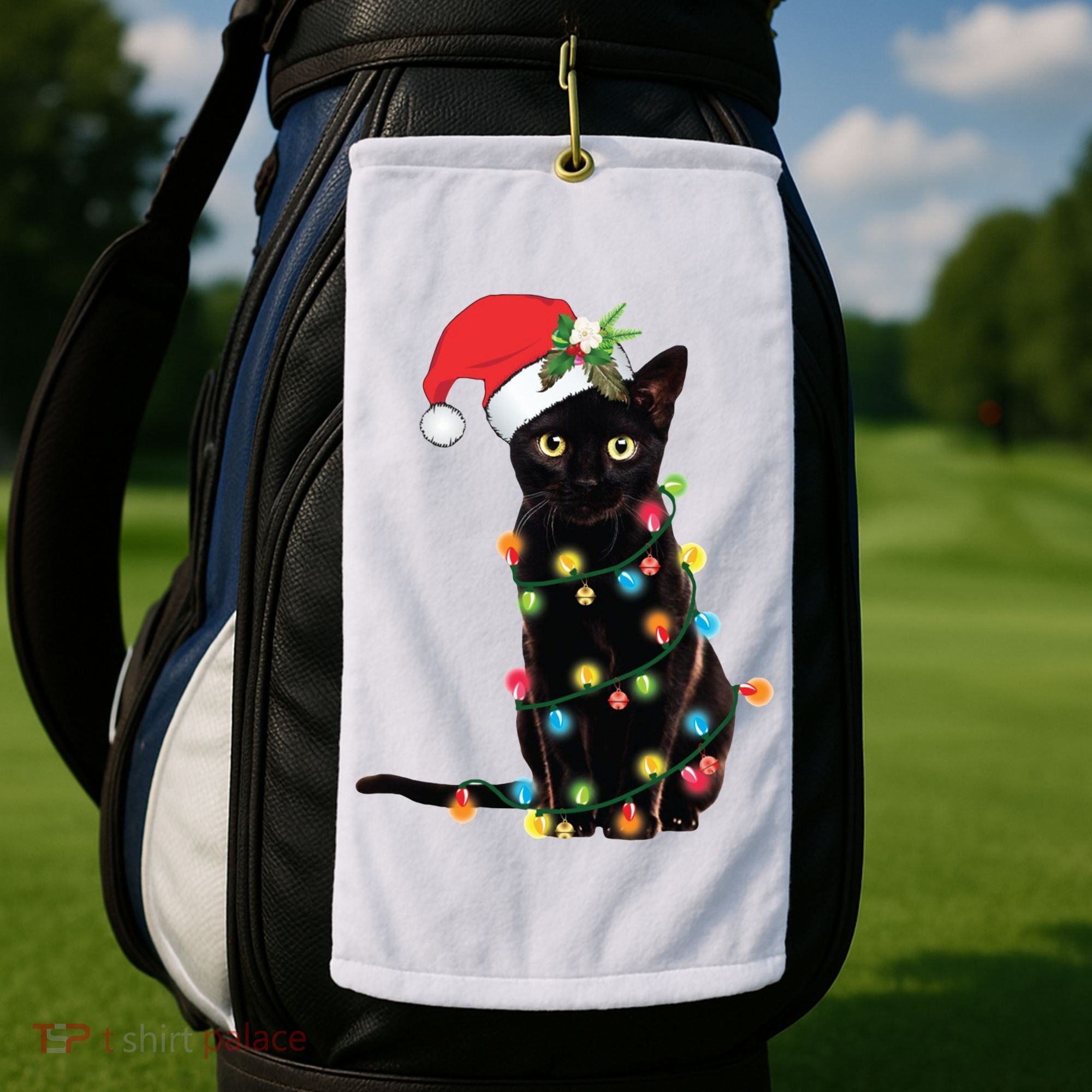Christmas Lights Black Cat Santa Golf Towel