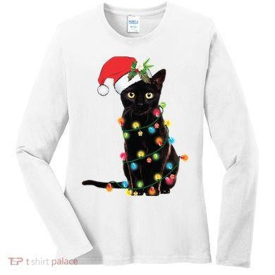 Christmas Lights Black Cat Santa Women's Long Sleeve Shirt
