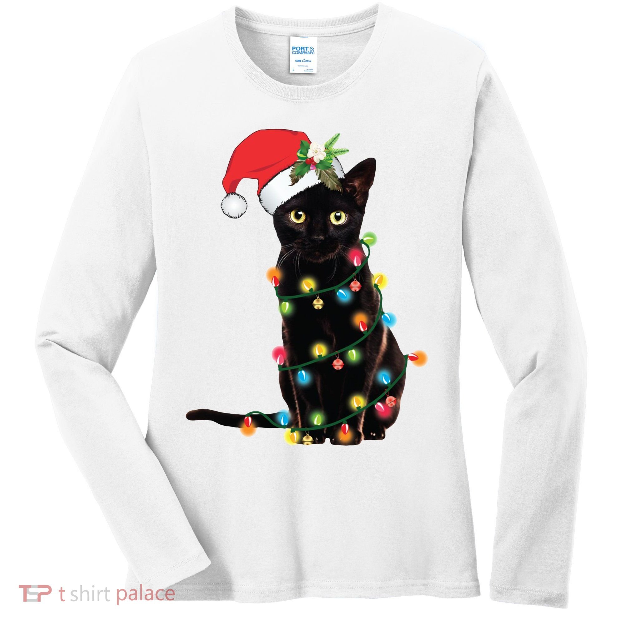 Christmas Lights Black Cat Santa Women's Long Sleeve Shirt