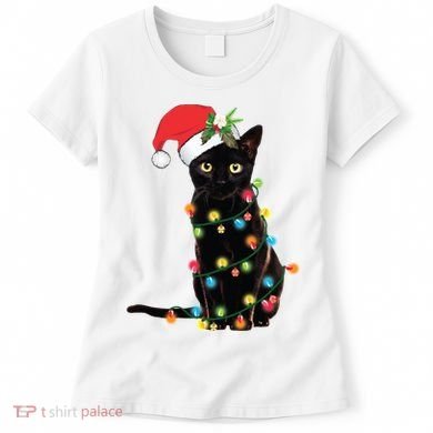 Christmas Lights Black Cat Santa Women's T-Shirt