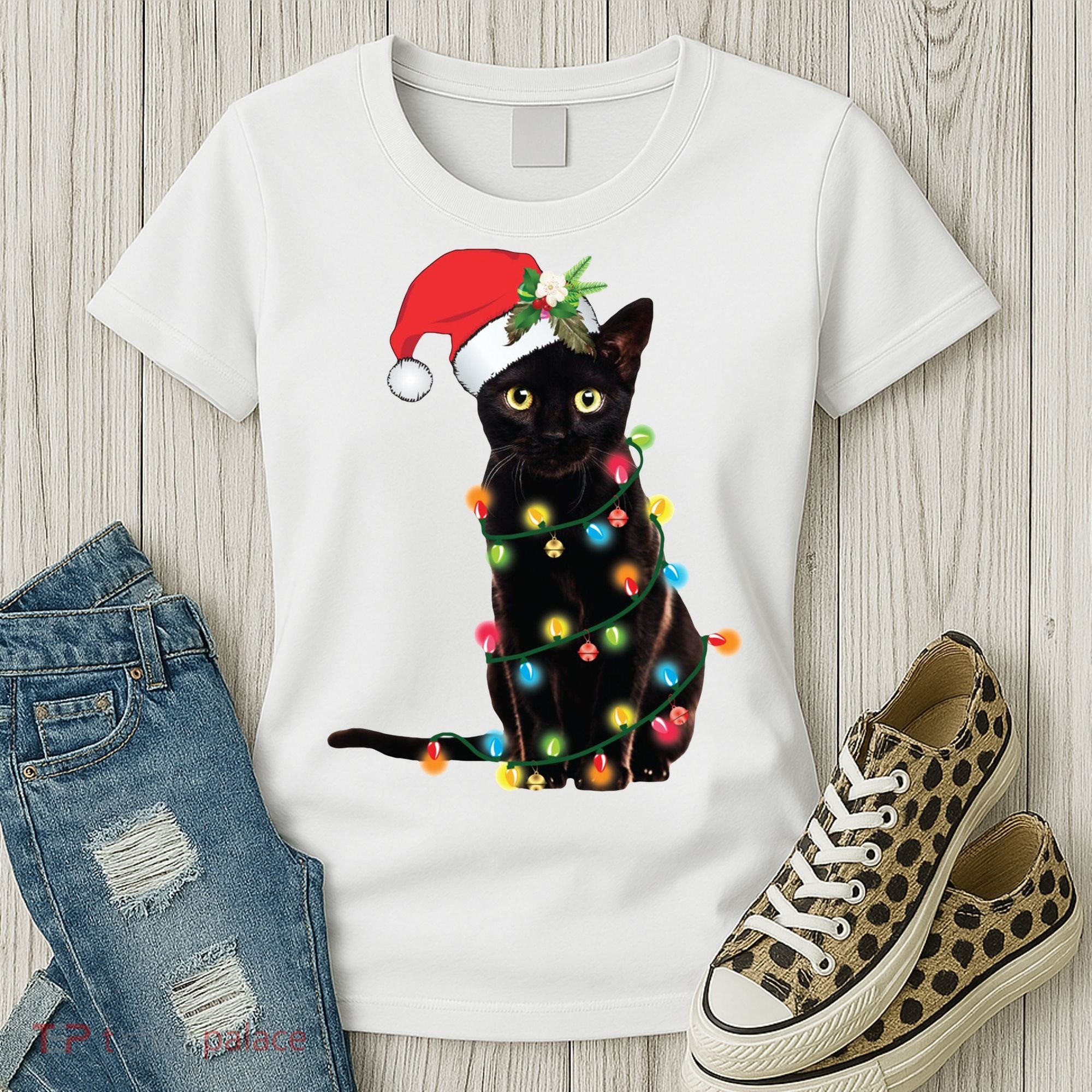 Christmas Lights Black Cat Santa Women's T-Shirt