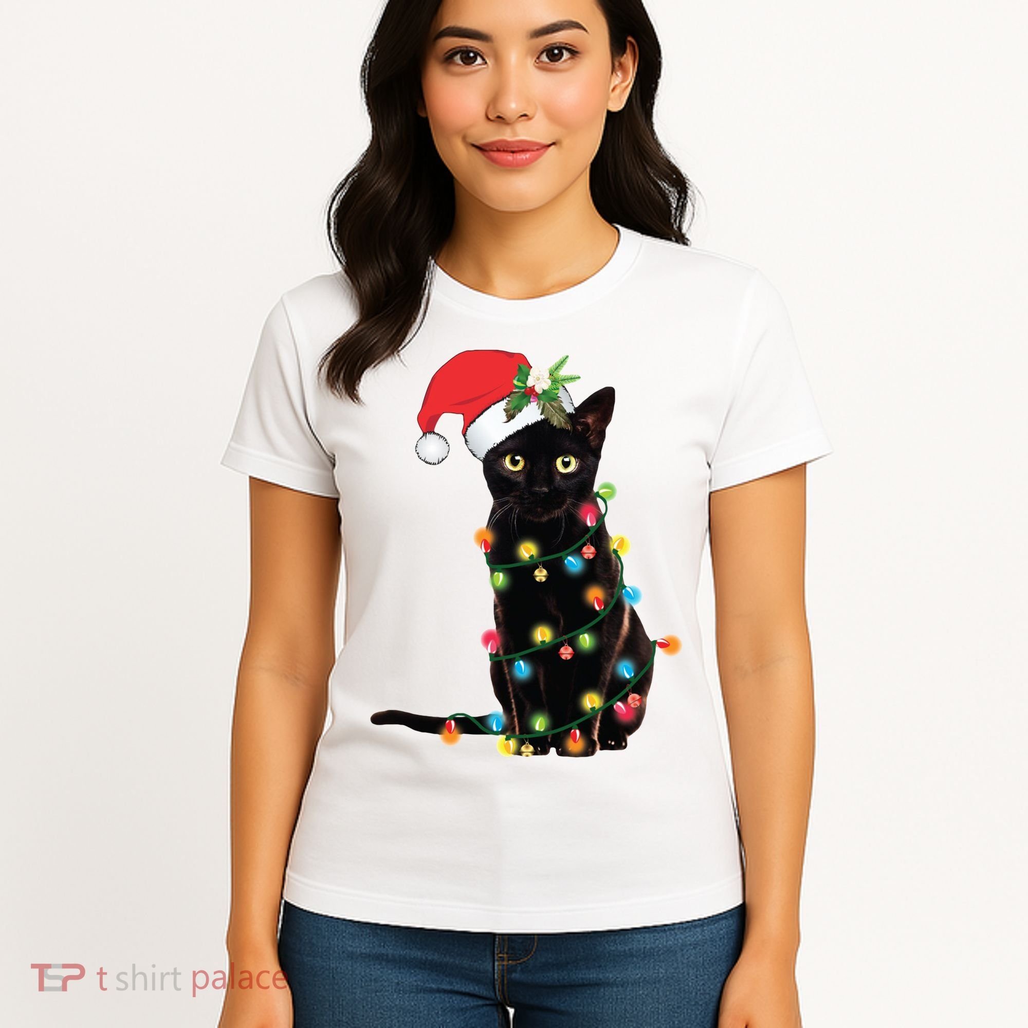 Christmas Lights Black Cat Santa Women's T-Shirt