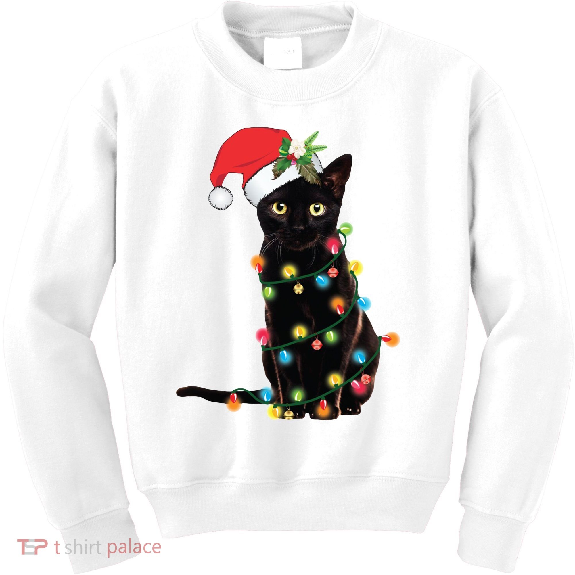 Christmas Lights Black Cat Santa Kids Sweatshirt