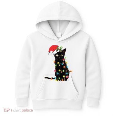 Christmas Lights Black Cat Santa Kids Hoodie