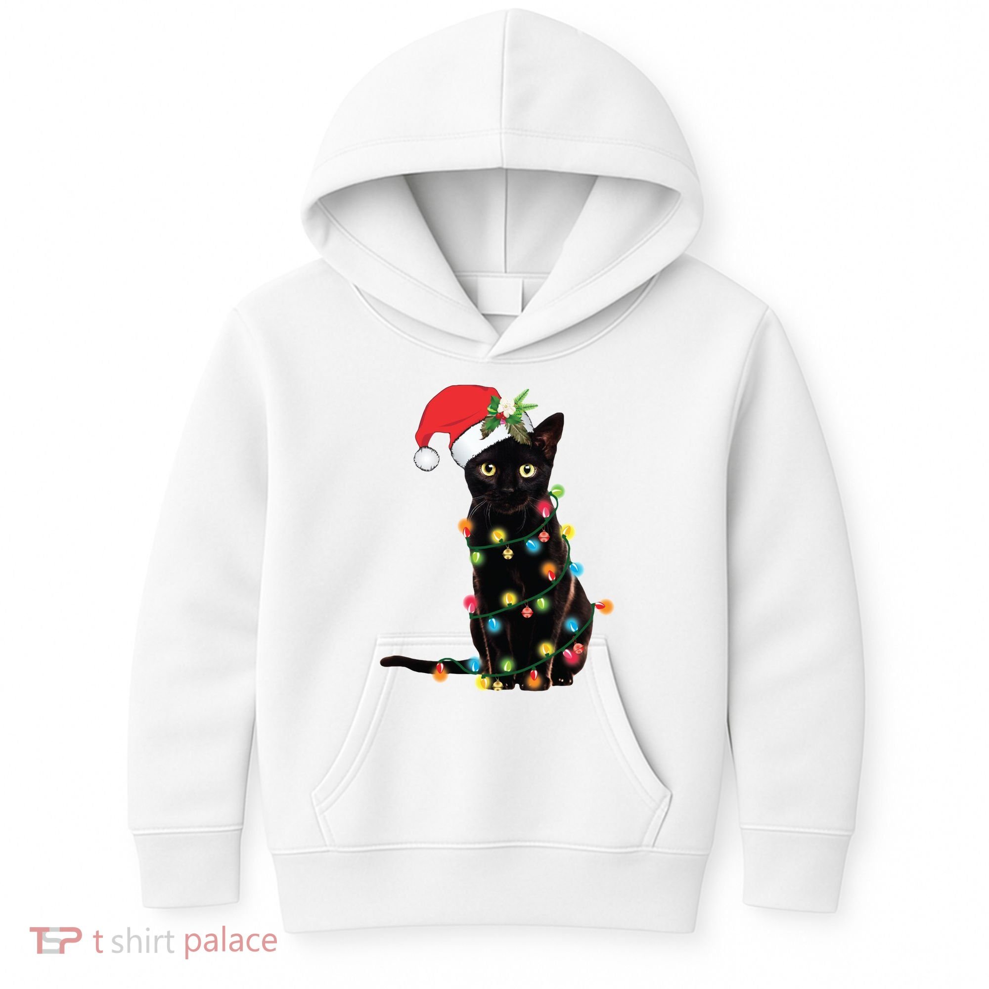 Christmas Lights Black Cat Santa Kids Hoodie