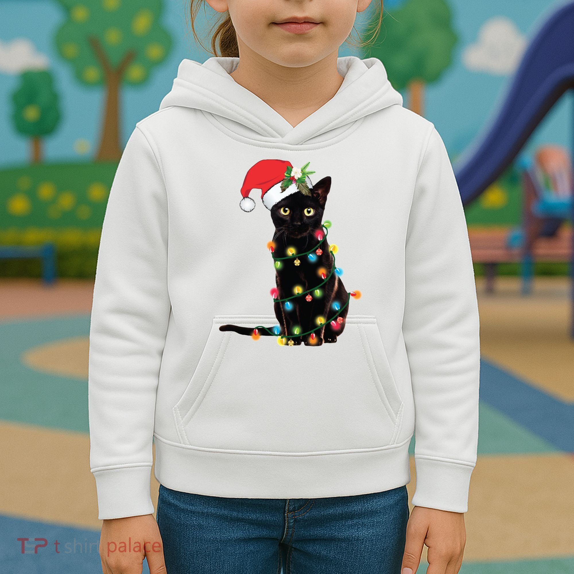 Christmas Lights Black Cat Santa Kids Hoodie