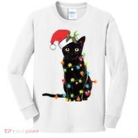Christmas Lights Black Cat Santa Kids Long Sleeve Shirt thumb 0