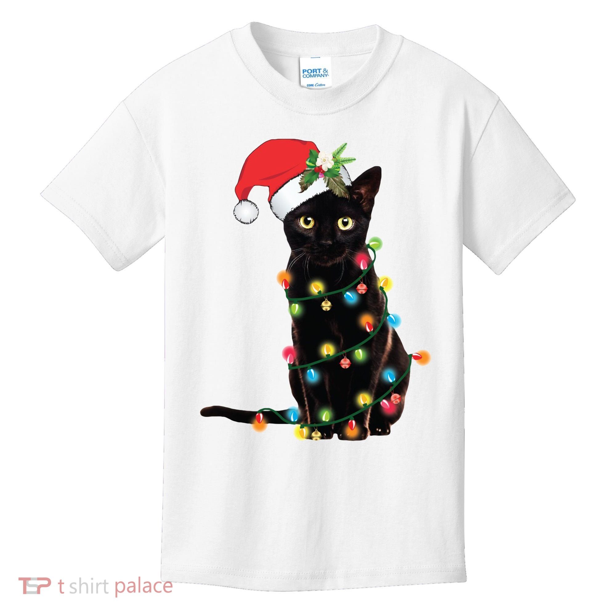 Christmas Lights Black Cat Santa Kids T-Shirt