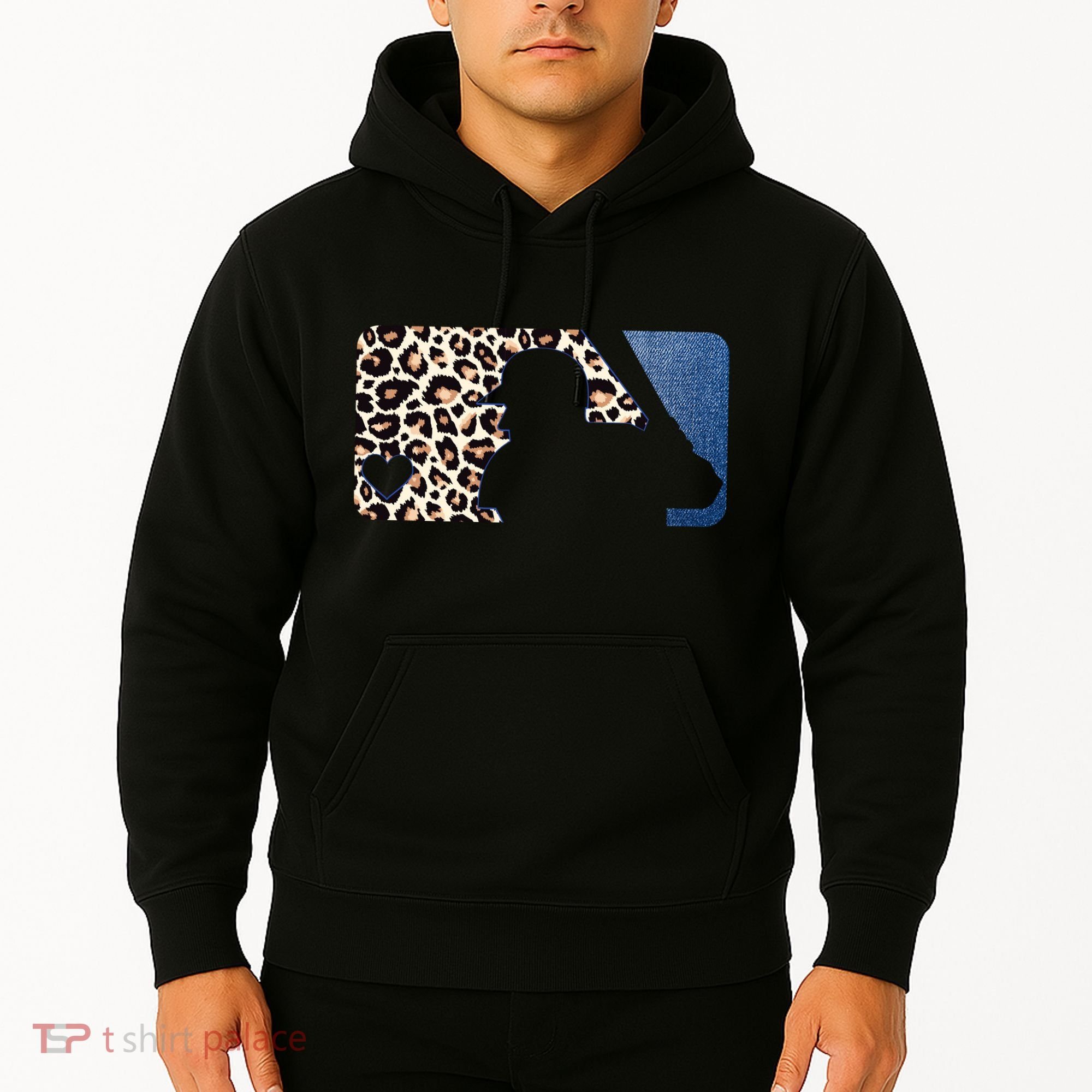Cute Leopard Blue Jean Print Baseball Logo Hoodie