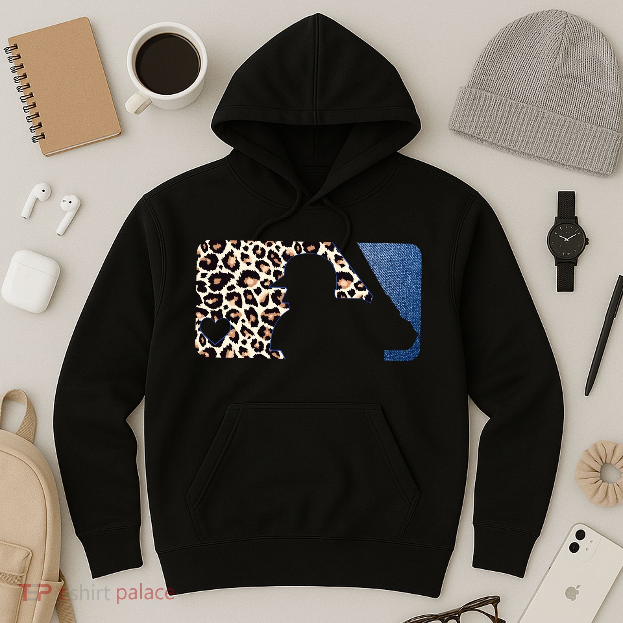 Cute Leopard Blue Jean Print Baseball Logo Hoodie