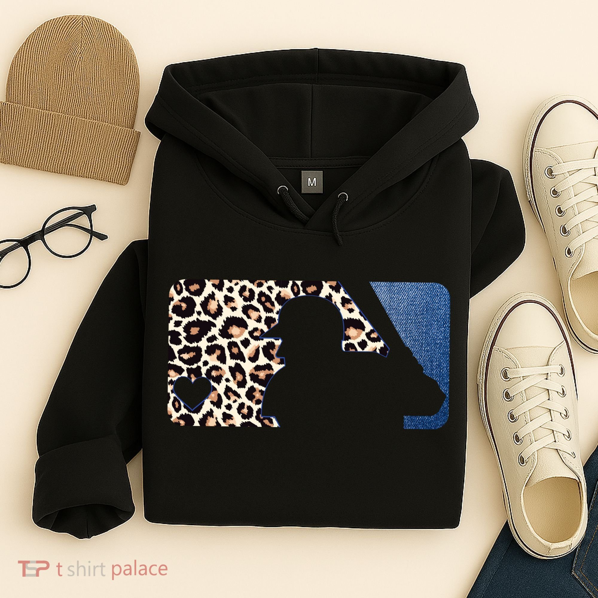 Cute Leopard Blue Jean Print Baseball Logo Hoodie