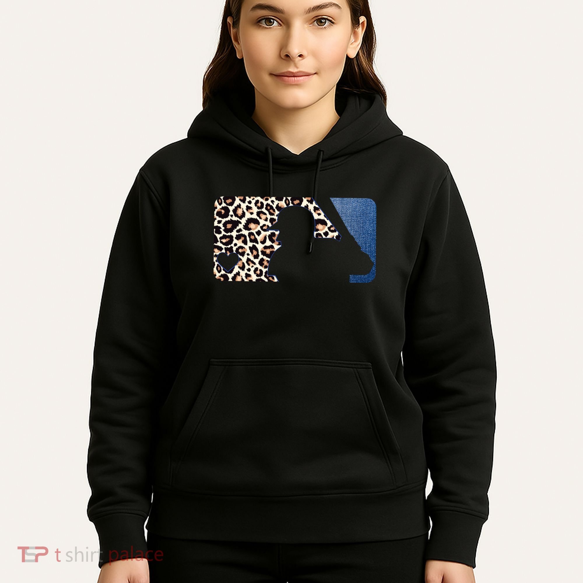 Cute Leopard Blue Jean Print Baseball Logo Hoodie