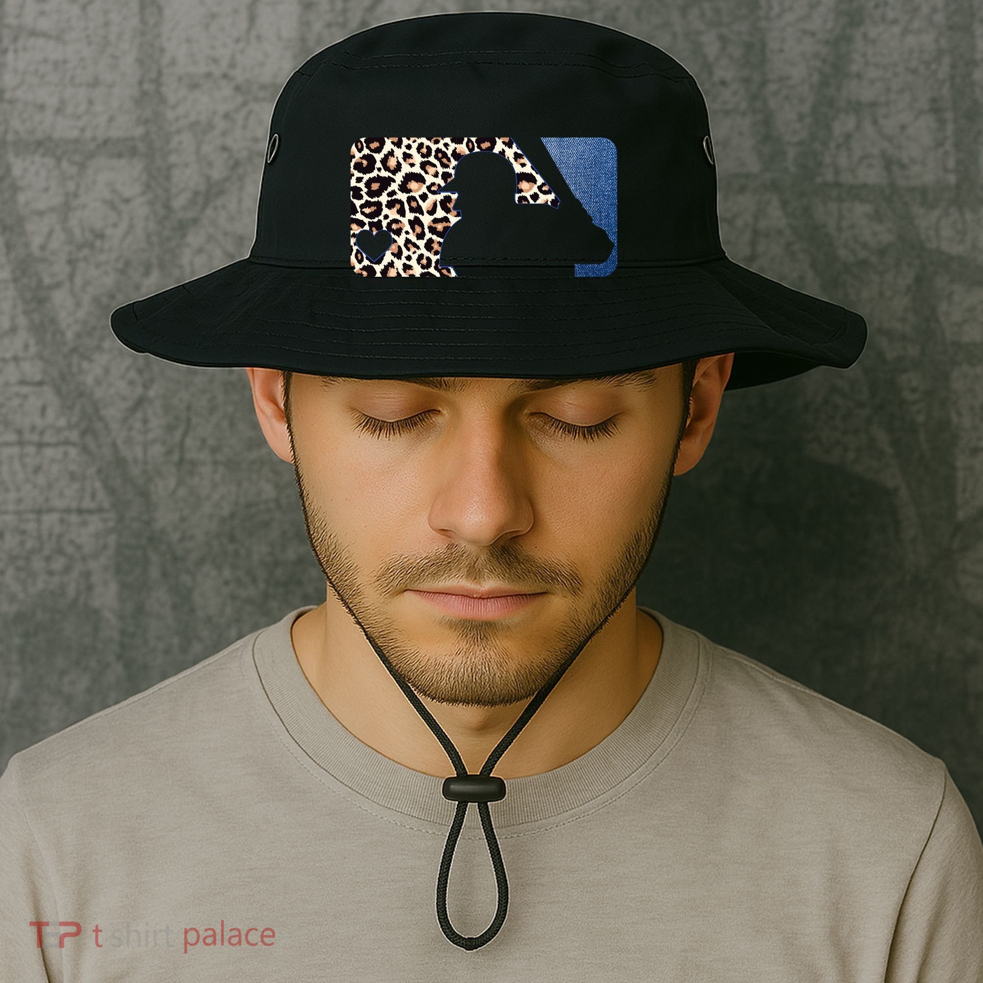 Cute Leopard Blue Jean Print Baseball Logo Bucket Hat