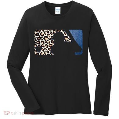 Cute Leopard Blue Jean Print Baseball Logo Women's Long Sleeve Shirt