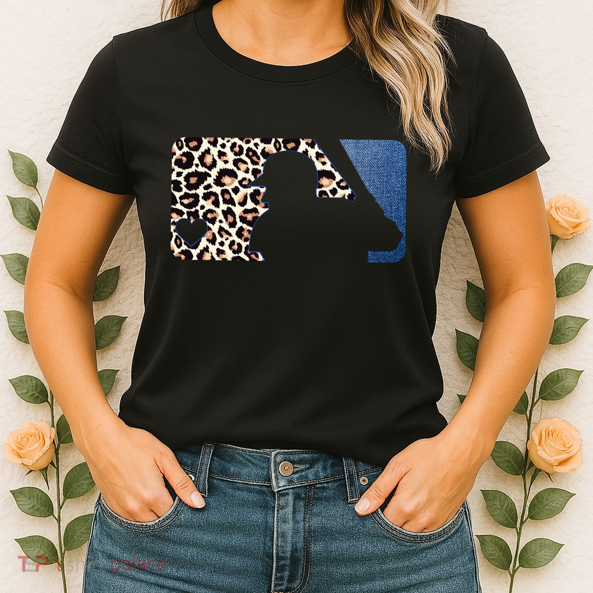Cute Leopard Blue Jean Print Baseball Logo Women's T-Shirt
