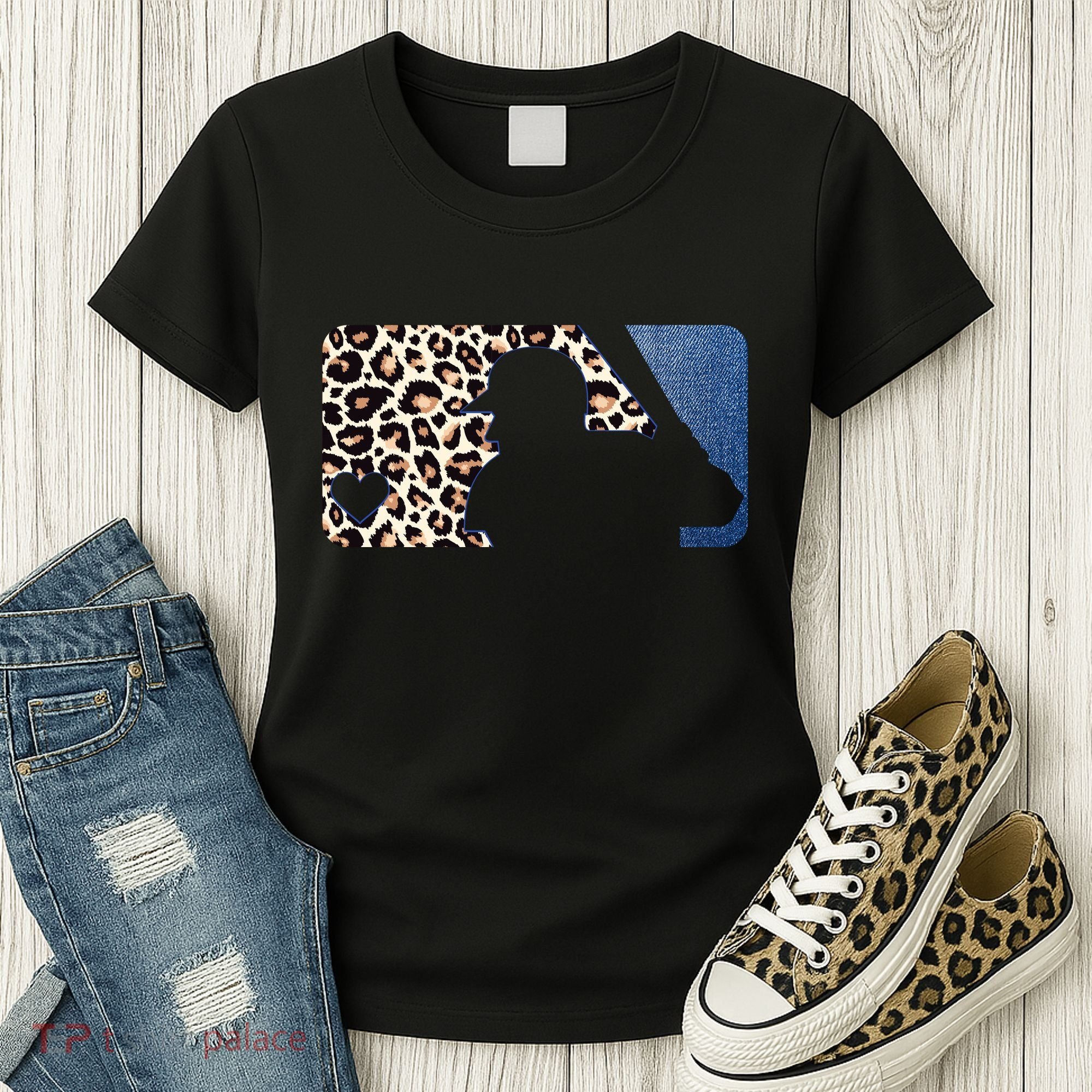 Cute Leopard Blue Jean Print Baseball Logo Women's T-Shirt