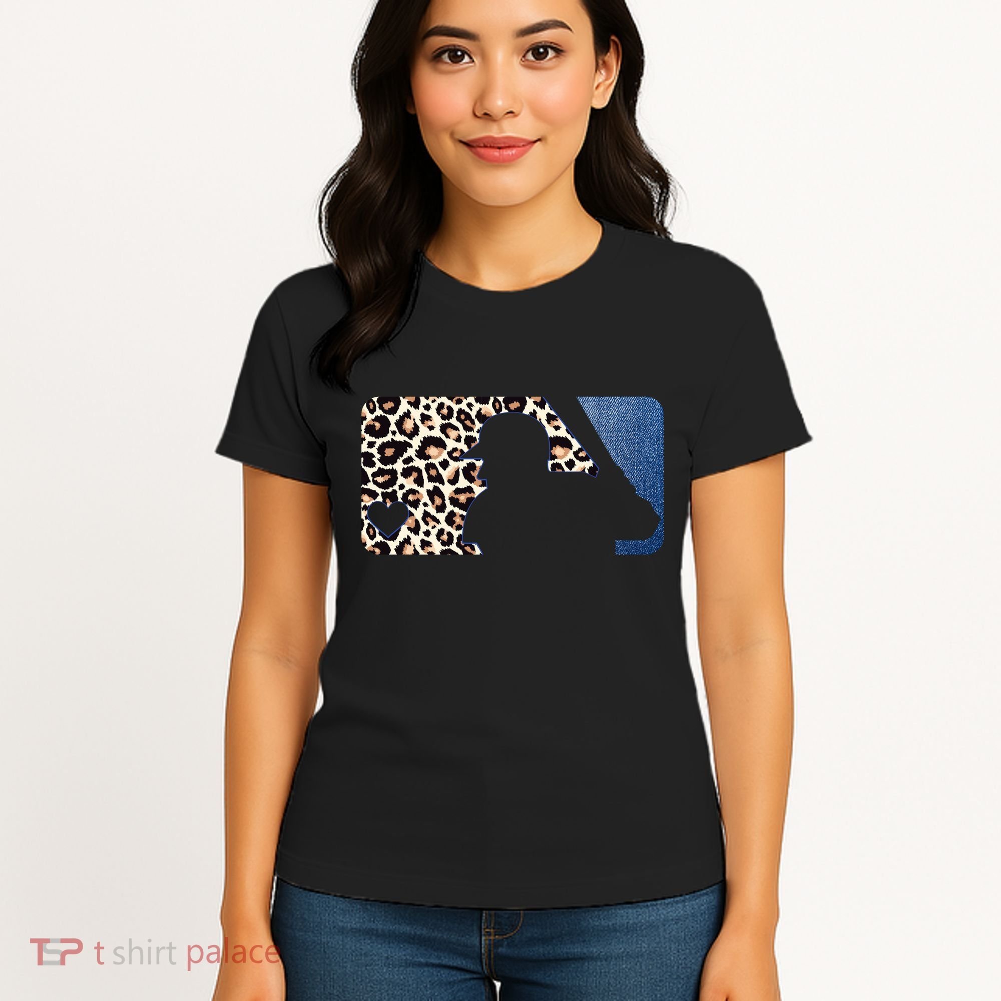 Cute Leopard Blue Jean Print Baseball Logo Women's T-Shirt