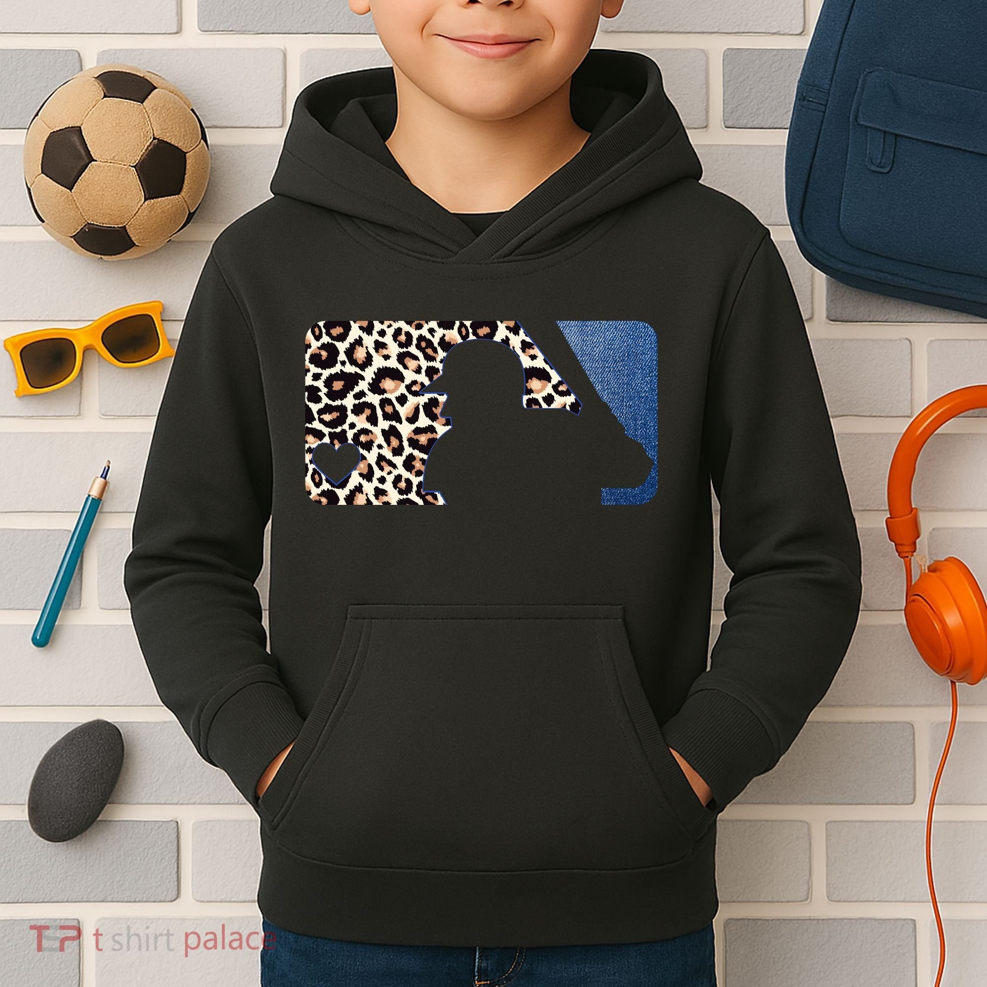 Cute Leopard Blue Jean Print Baseball Logo Kids Hoodie