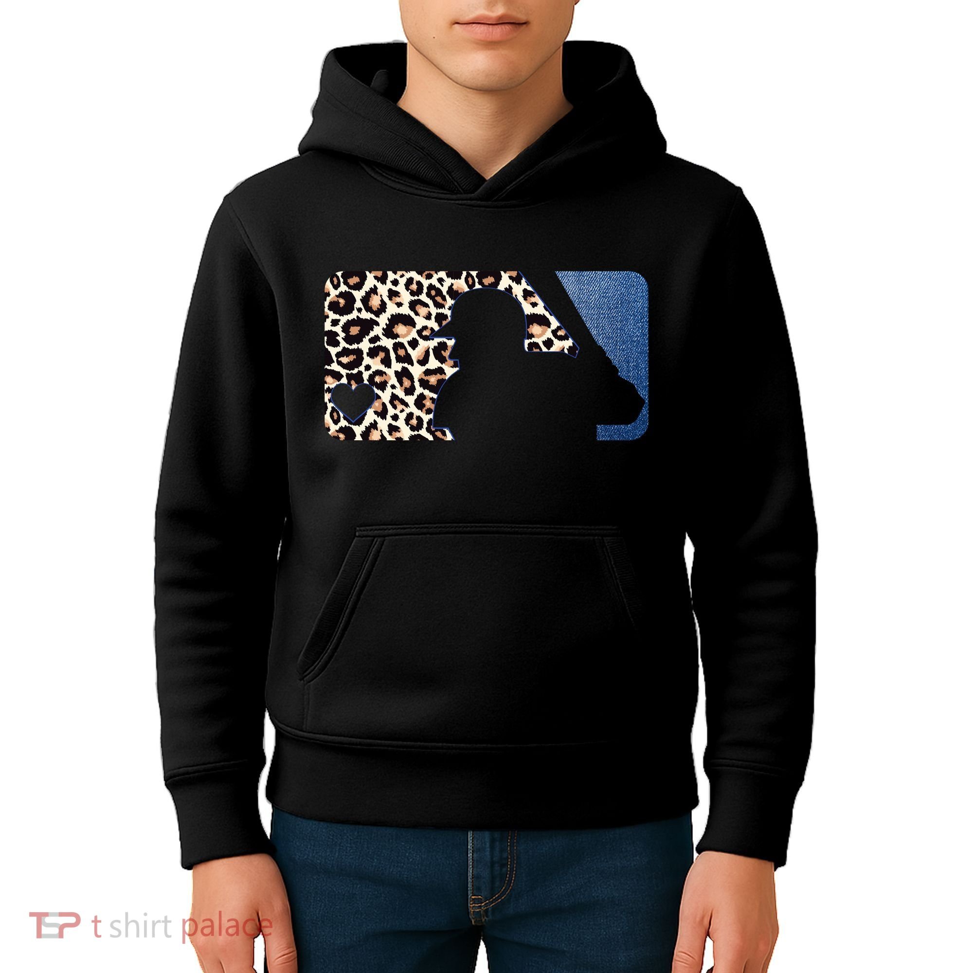 Cute Leopard Blue Jean Print Baseball Logo Kids Hoodie