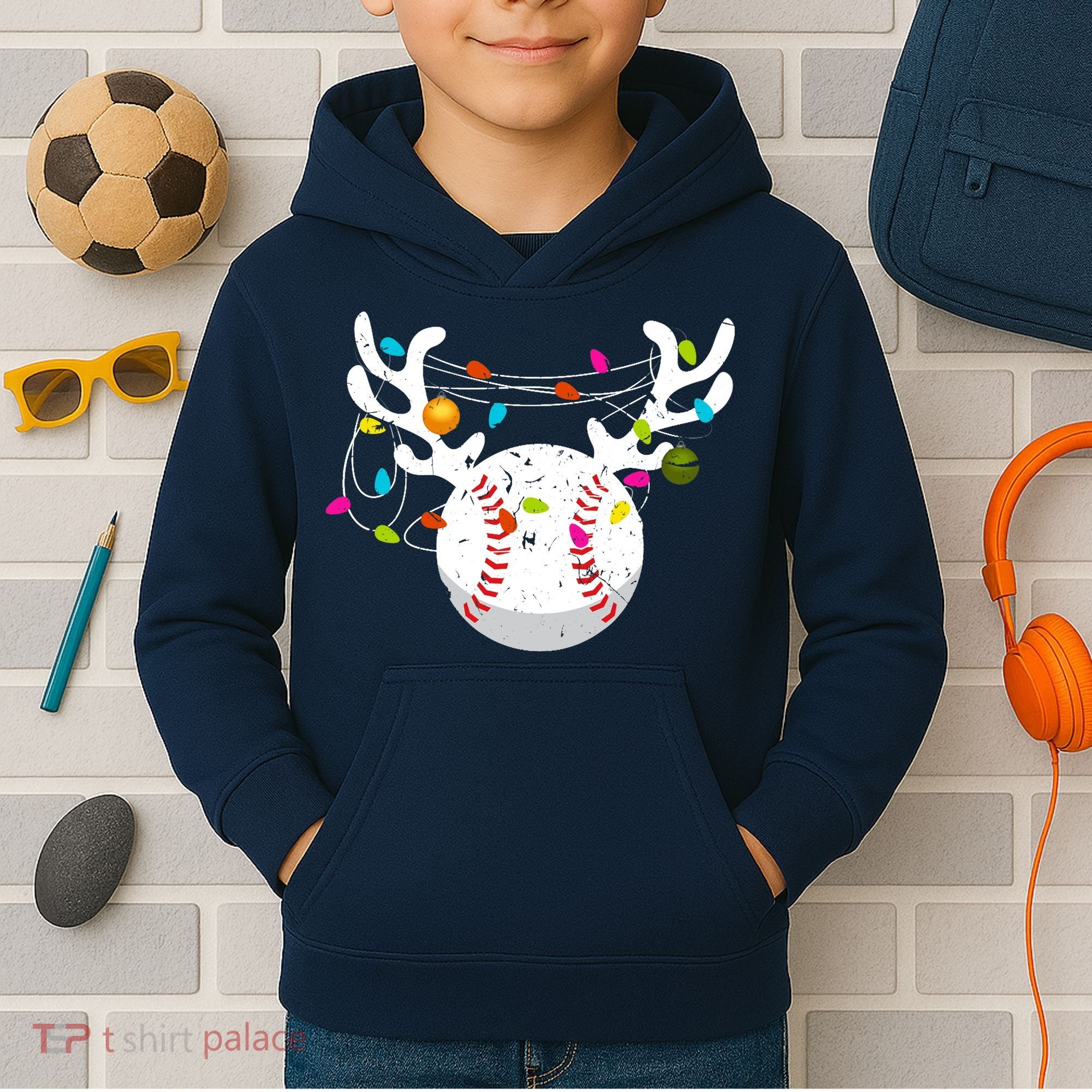 Christmas Lights Baseball Ball Funny Xmas Kids Hoodie