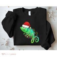 Christmas Lights Chameleon Wearing Xmas Hat Chameleon Lover Sweatshirt thumb 2