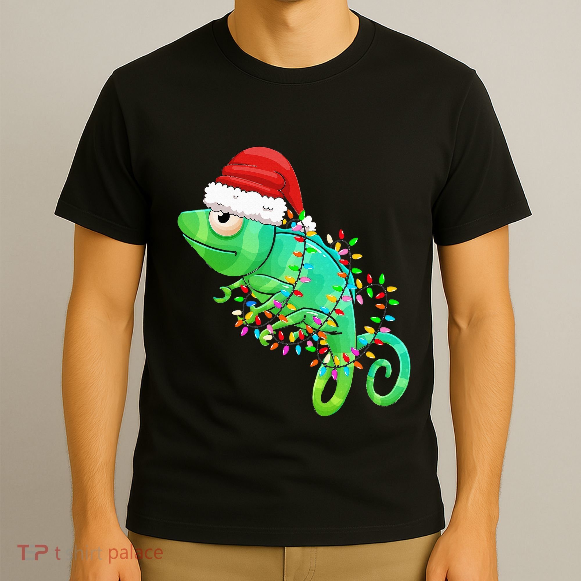 Christmas Lights Chameleon Wearing Xmas Hat Chameleon Lover T-Shirt