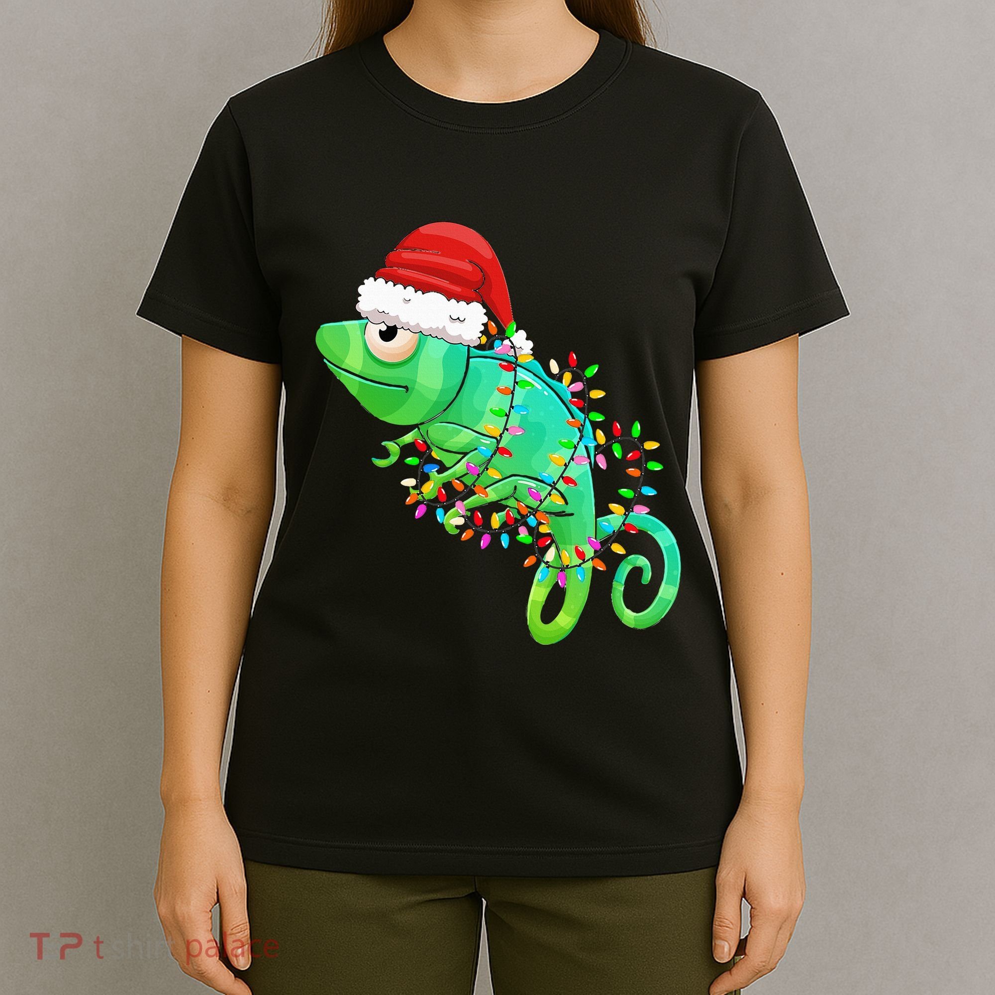 Christmas Lights Chameleon Wearing Xmas Hat Chameleon Lover T-Shirt