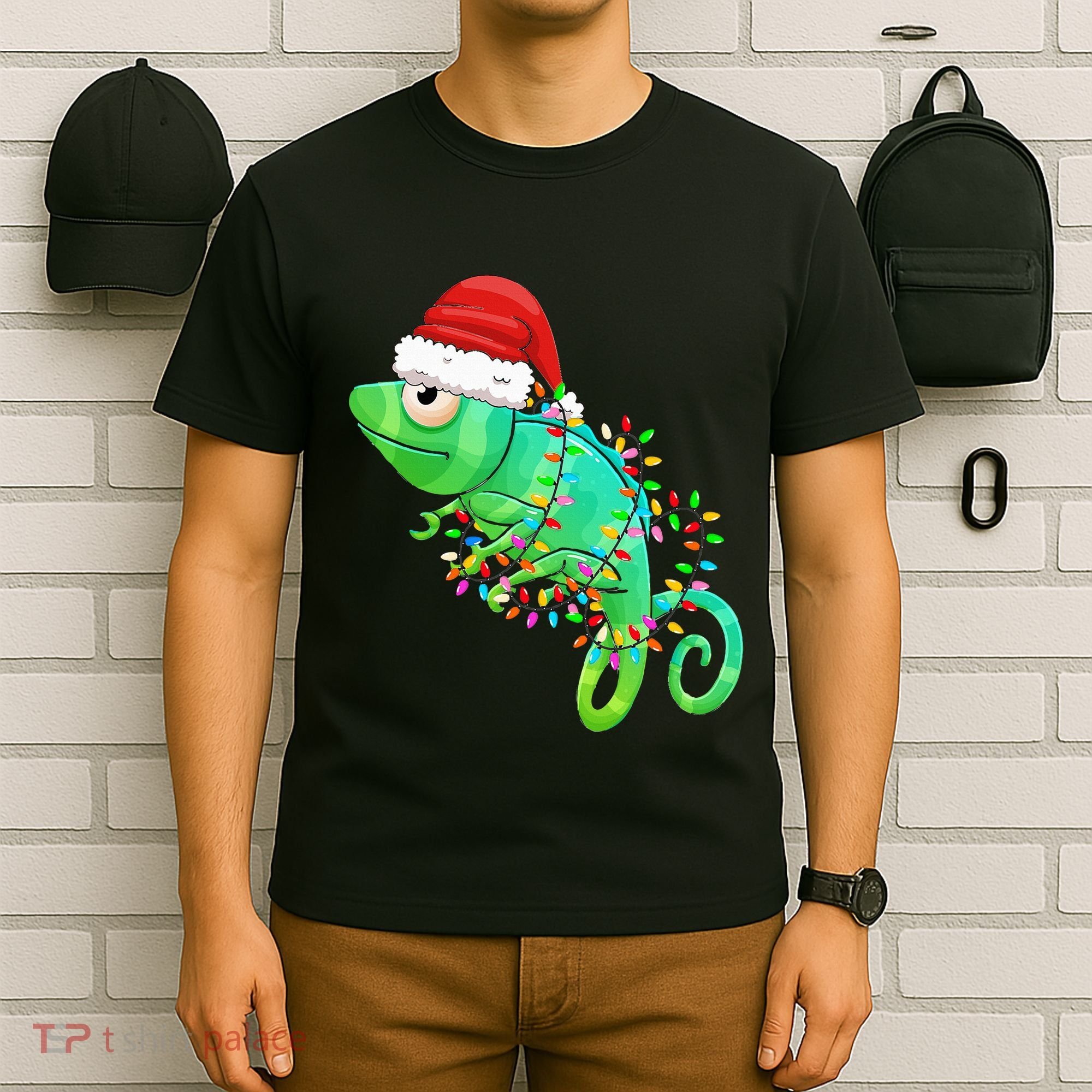 Christmas Lights Chameleon Wearing Xmas Hat Chameleon Lover T-Shirt