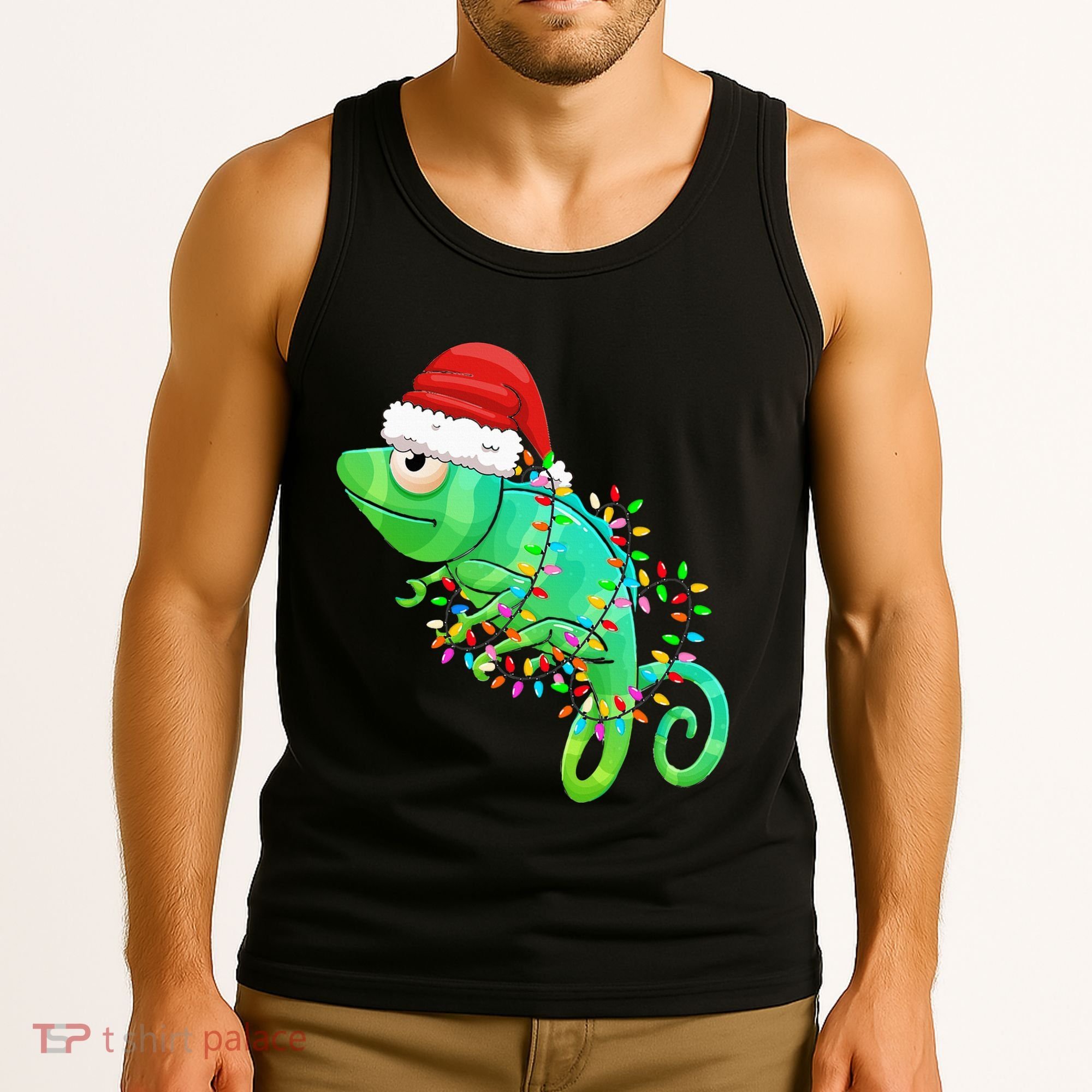 Christmas Lights Chameleon Wearing Xmas Hat Chameleon Lover Tank Top