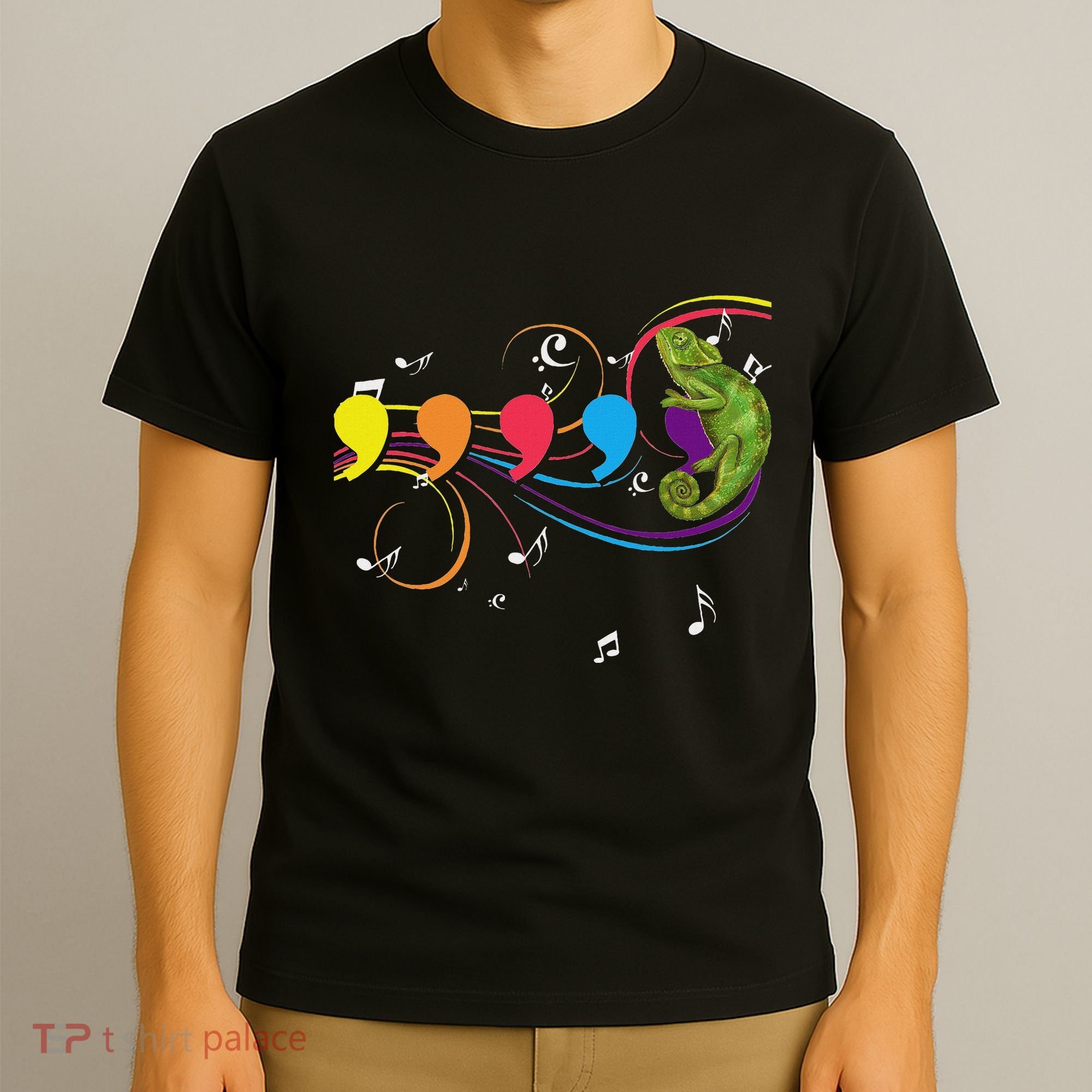 Chameleon Lizard Colorful Musical Notes Comma Animal Lover T-Shirt