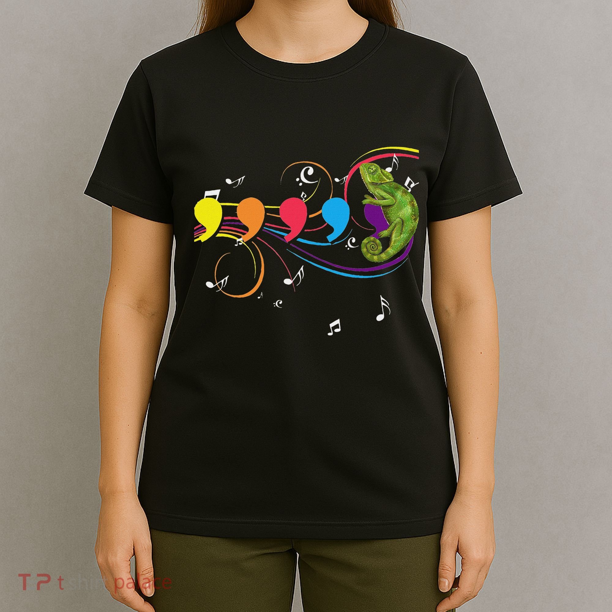 Chameleon Lizard Colorful Musical Notes Comma Animal Lover T-Shirt