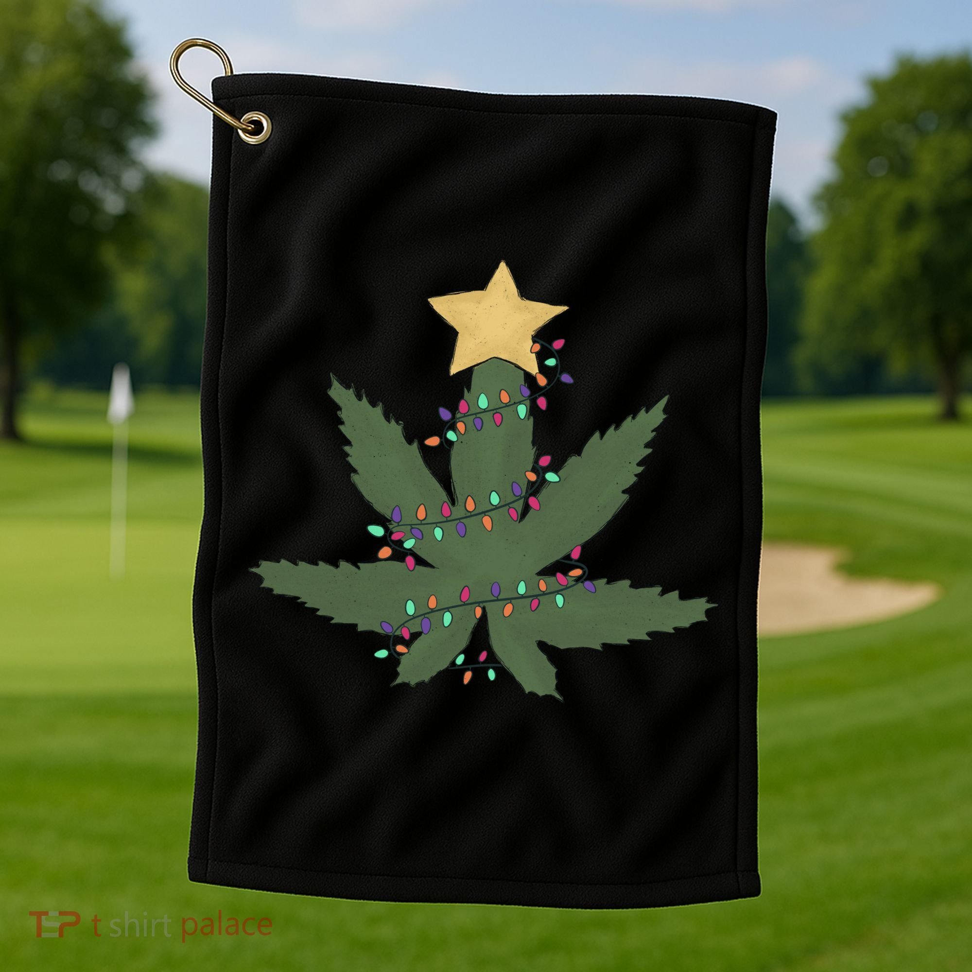 Cannabis Leaf Christmas Tree Funny Weed Xmas Gift Golf Towel