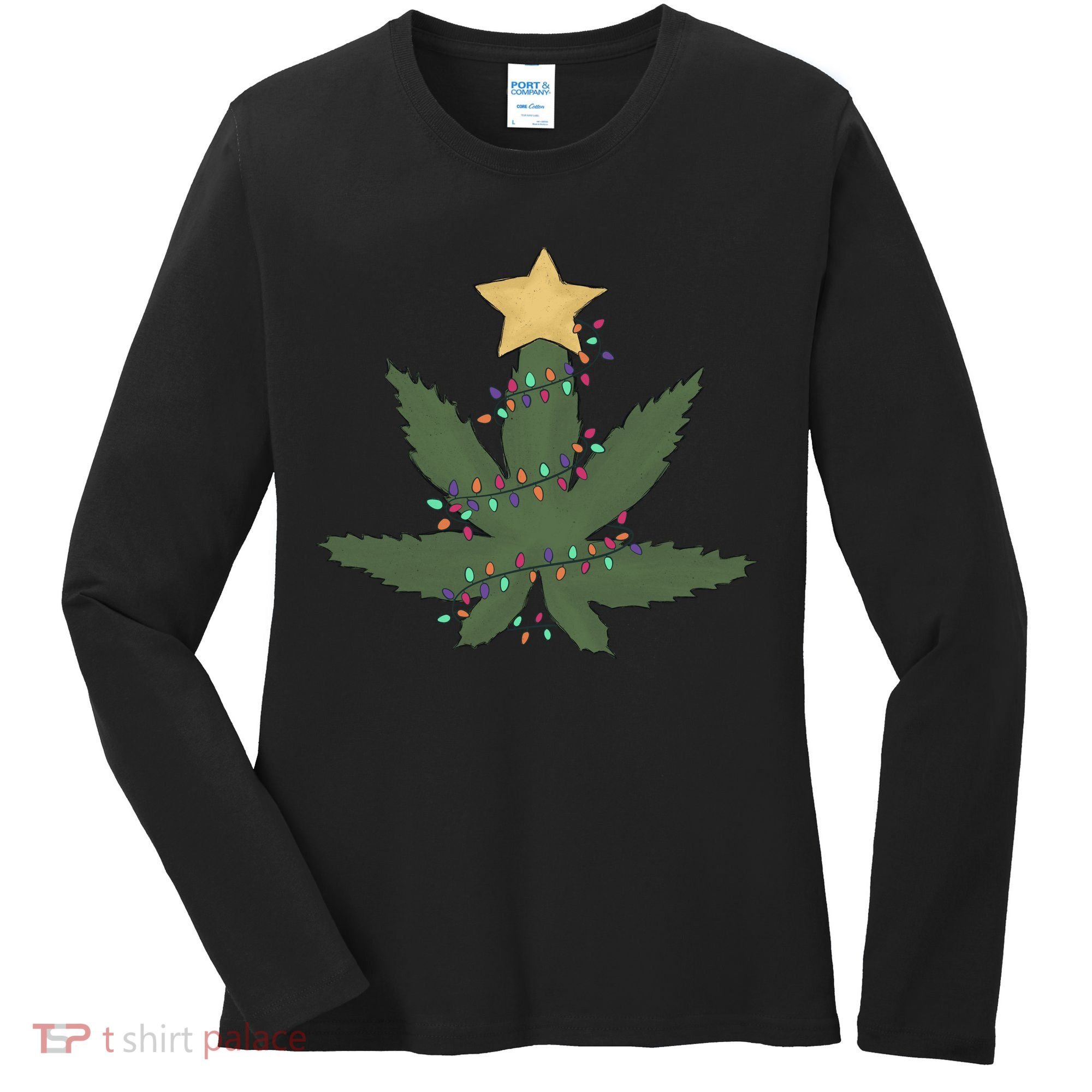 Cannabis Leaf Christmas Tree Funny Weed Xmas Gift Women's Long Sleeve Shirt