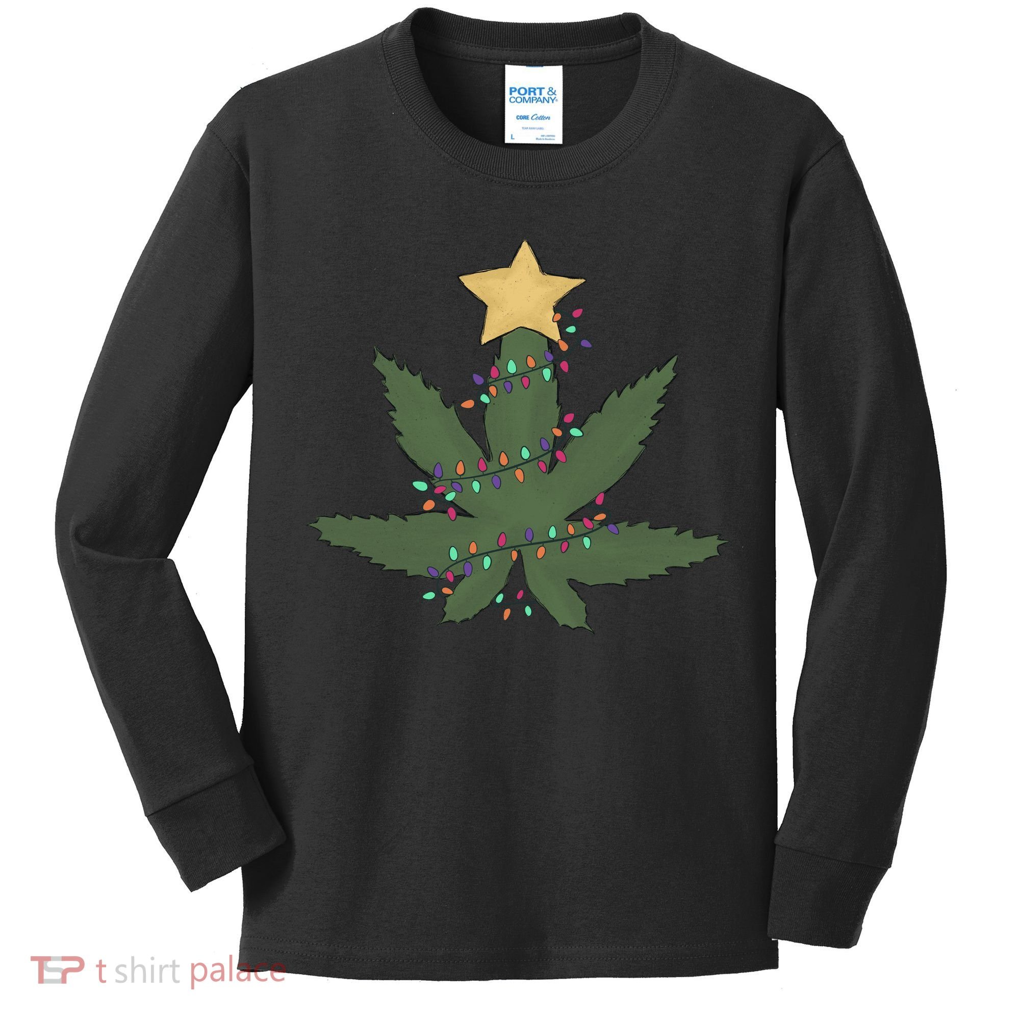 Cannabis Leaf Christmas Tree Funny Weed Xmas Gift Kids Long Sleeve Shirt