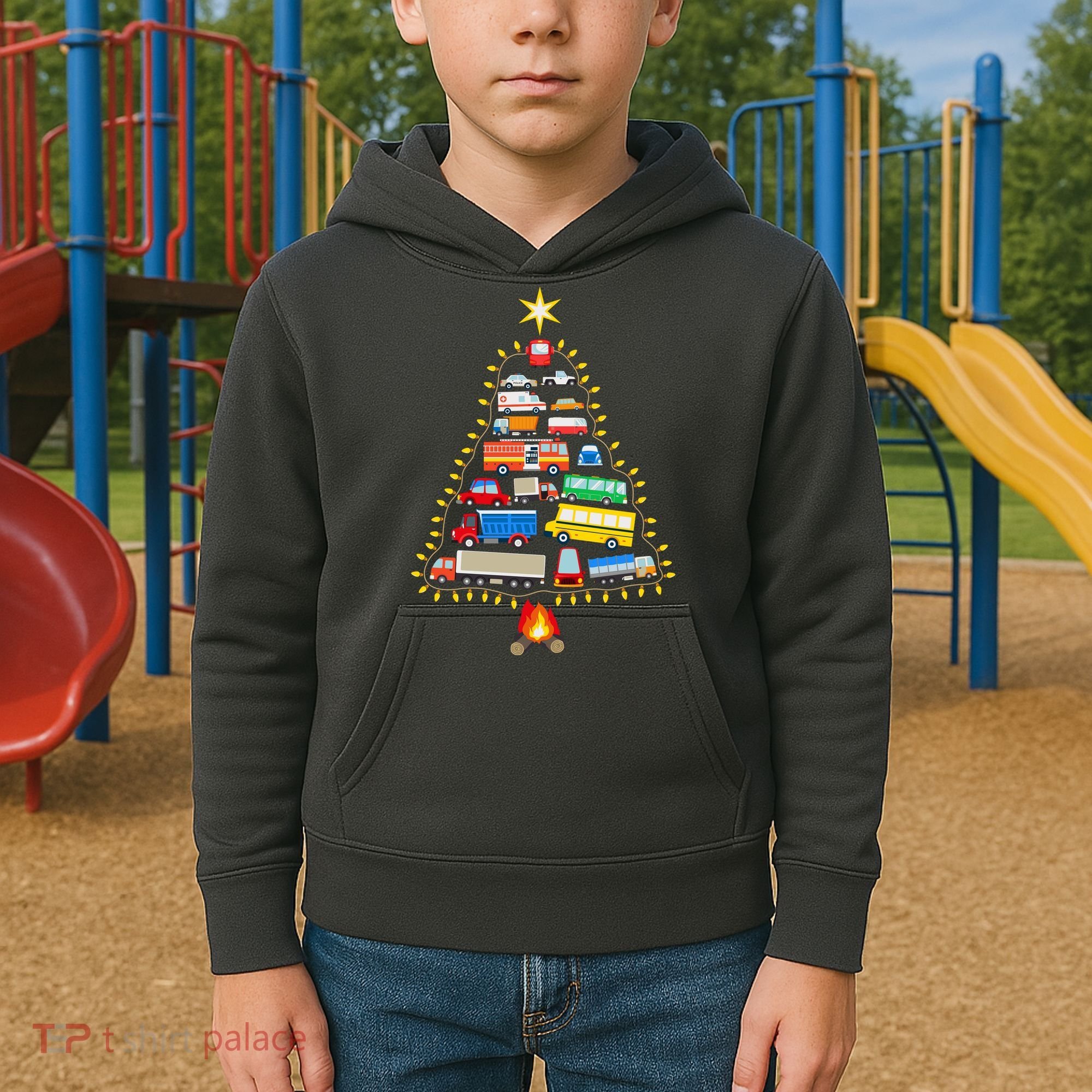 Car Lover Christmas Tree Cute Gift Kids Hoodie