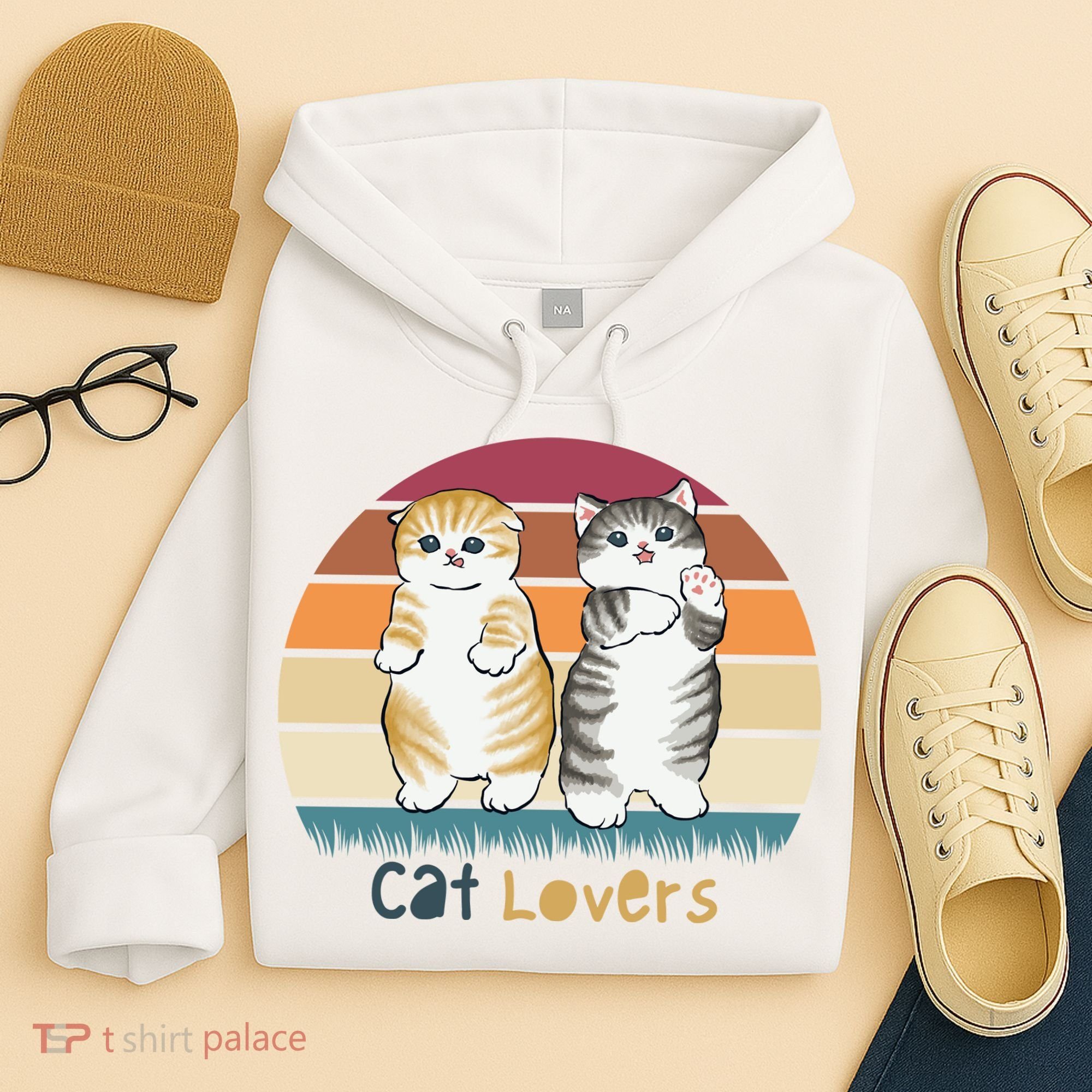 Cat Lovers Cute Retro Sunset Hoodie