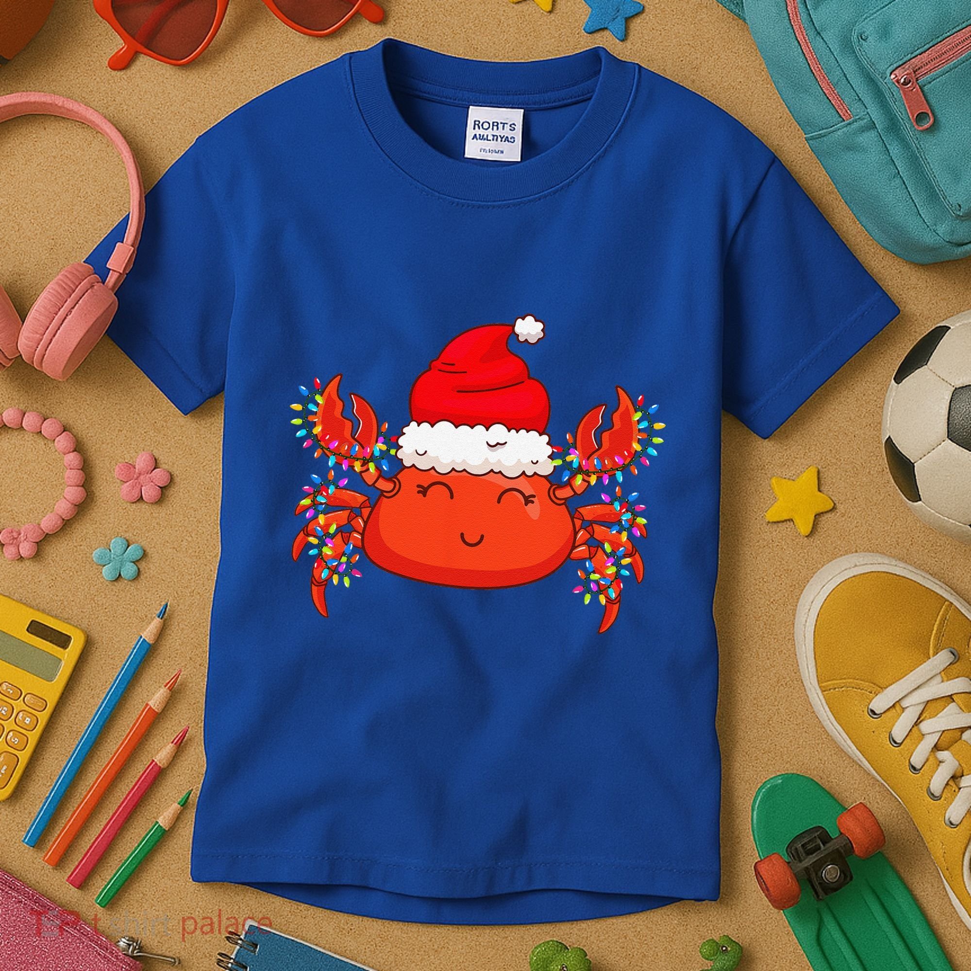 Christmas Lights Crab Wearing Xmas Hat Cute Crab Lover Kids T-Shirt