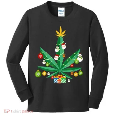 Cannabis Leaf Christmas Tree Kids Long Sleeve Shirt
