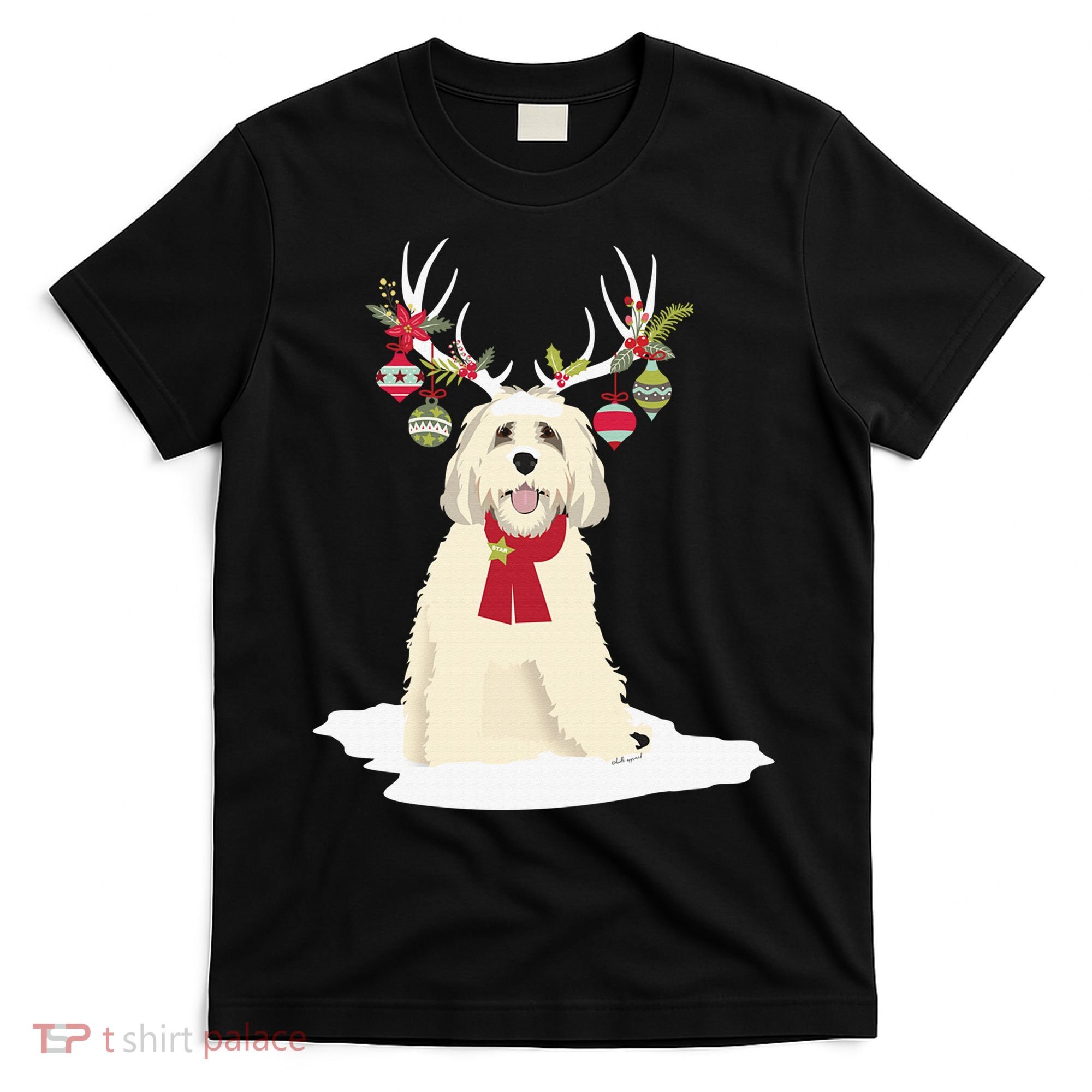 Cute Labradoodle Doodle Christmas Reindeer Graphic Holiday T-Shirt